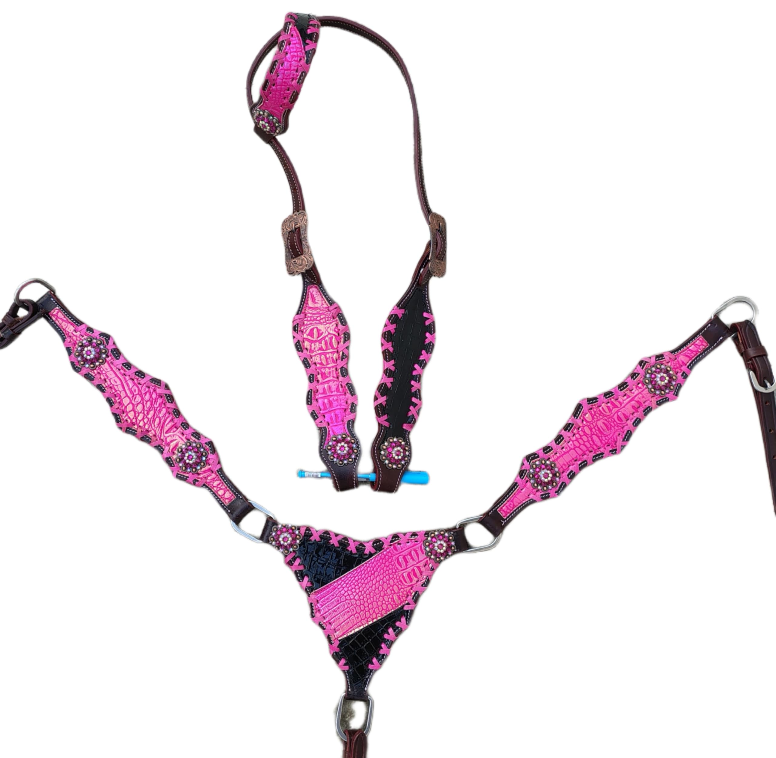 Western-Leder-Zaumzeug-Set für Pferde, rosa glänzend mit schwarzem Gladiator-Zaumzeug-Set