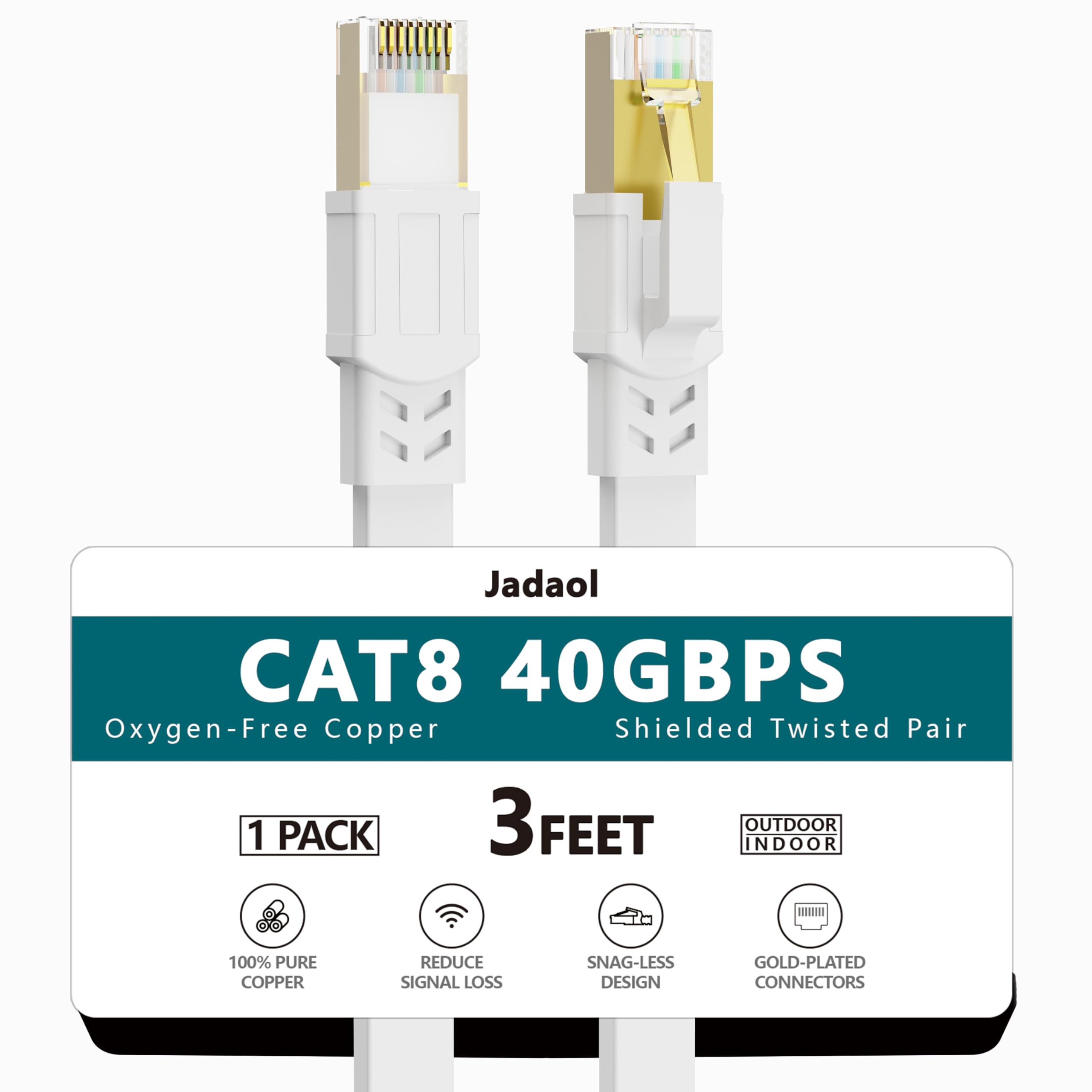 Cat8 Ethernet-Kabel, für den Innen- und Außenbereich, 90 cm, strapazierfähig, Hochgeschwindigkeits-Cat-8-LAN-Netzwerkkabel, 40 Gbit/s, 2000 MHz, RJ45, flaches Internet-Patchkabel, wetterfest, S/FTP,