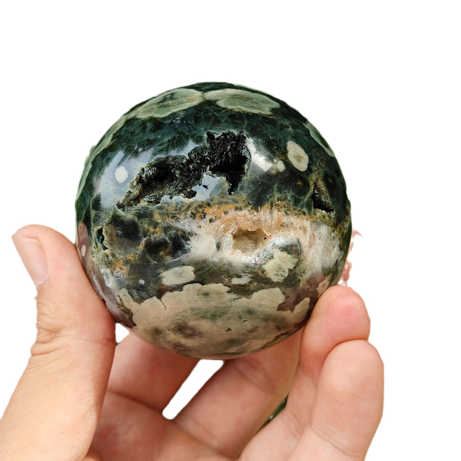 Phhxkkuo Natural Moss Agate Crystal Sphere Hand Polished Smooth Healing Crystal Ball for Reiki Chakra Balancing Feng Shui Meditation,6cm
