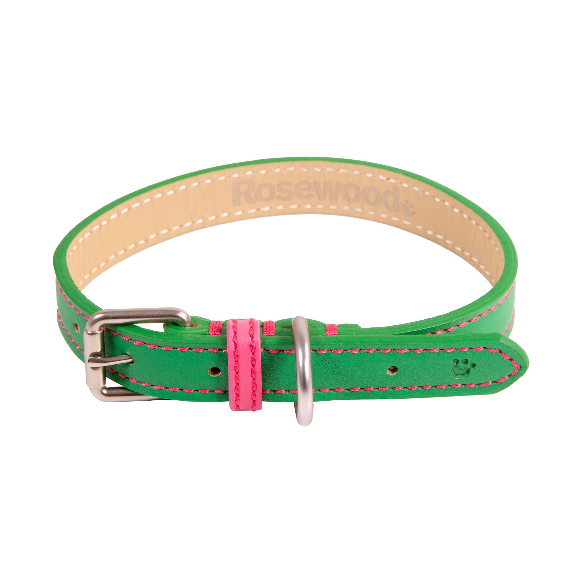 Rosewood Vegan Leather Dog Collar – Adjustable PU Leather Pet Collar for Medium to Large Dogs – Stylish, Durable Collar with Metal Hardware – Green/Pink, 18-22”
