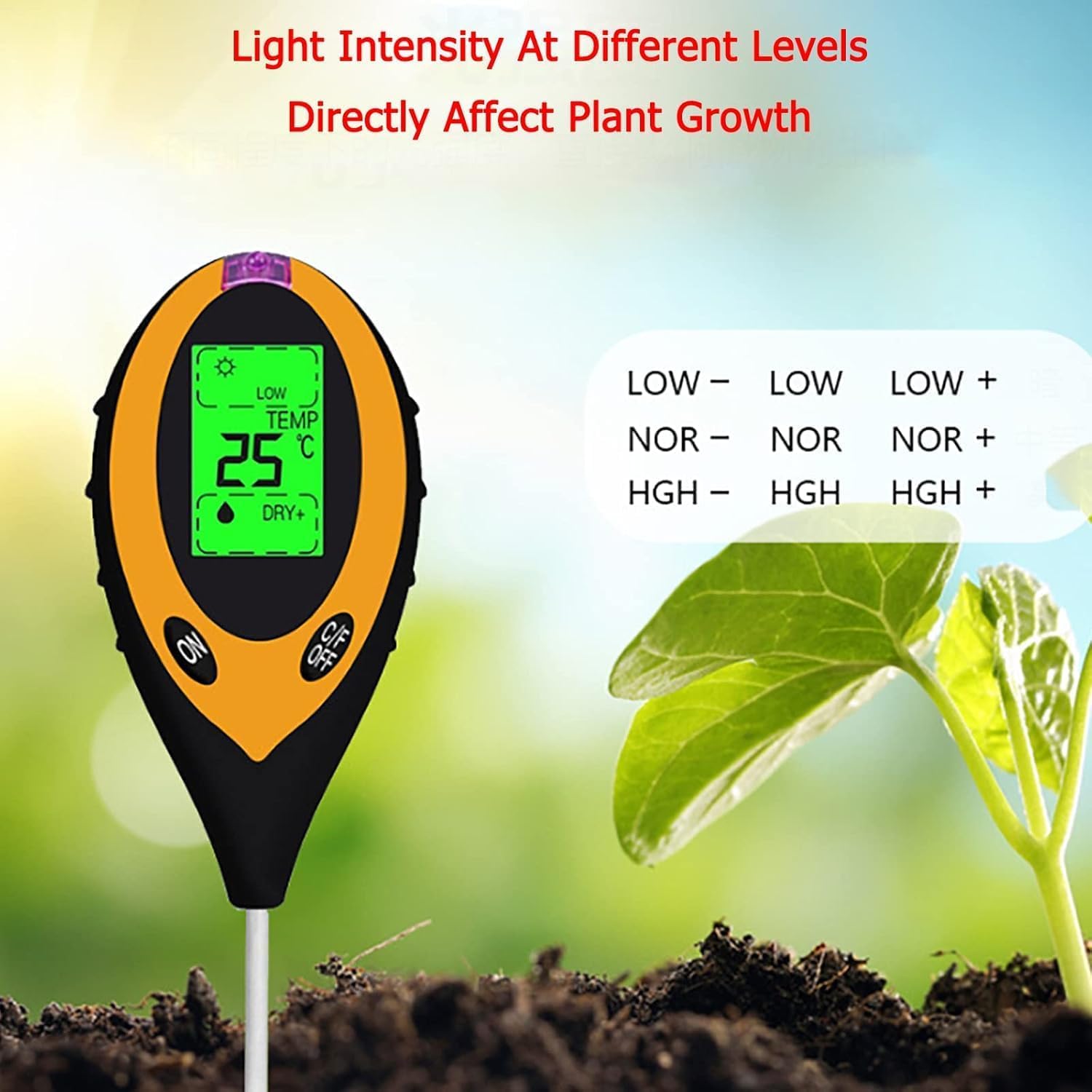 HENGBIRD Tester Gleby 4 w 1, Miernik pH Ziemi Trawnik, Analizator Gleby Cyfrowy z Temperatura Swiatlo i Wilgotnosc, Sonda 19,6 cm do Ogrod Balkon Rosliny Domowe