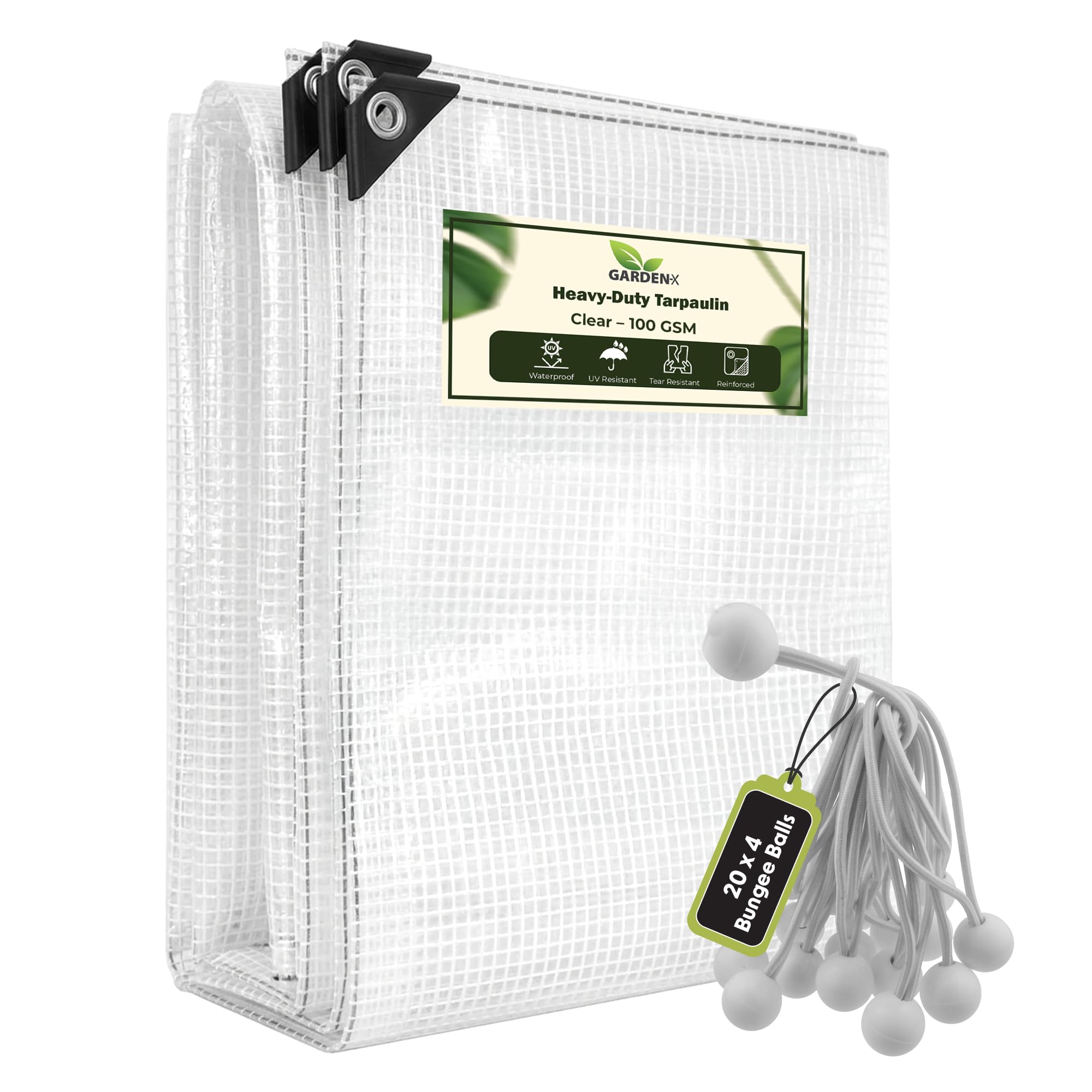 GARDENIX 1.5m x 2m Clear Heavy Duty 100gsm Tarpaulin Waterproof Transparent Tarp Sheet Cover with Mesh Support, Groundsheet Multipurpose Reinforced+ 20 x 4" Bungee Balls (Duty)