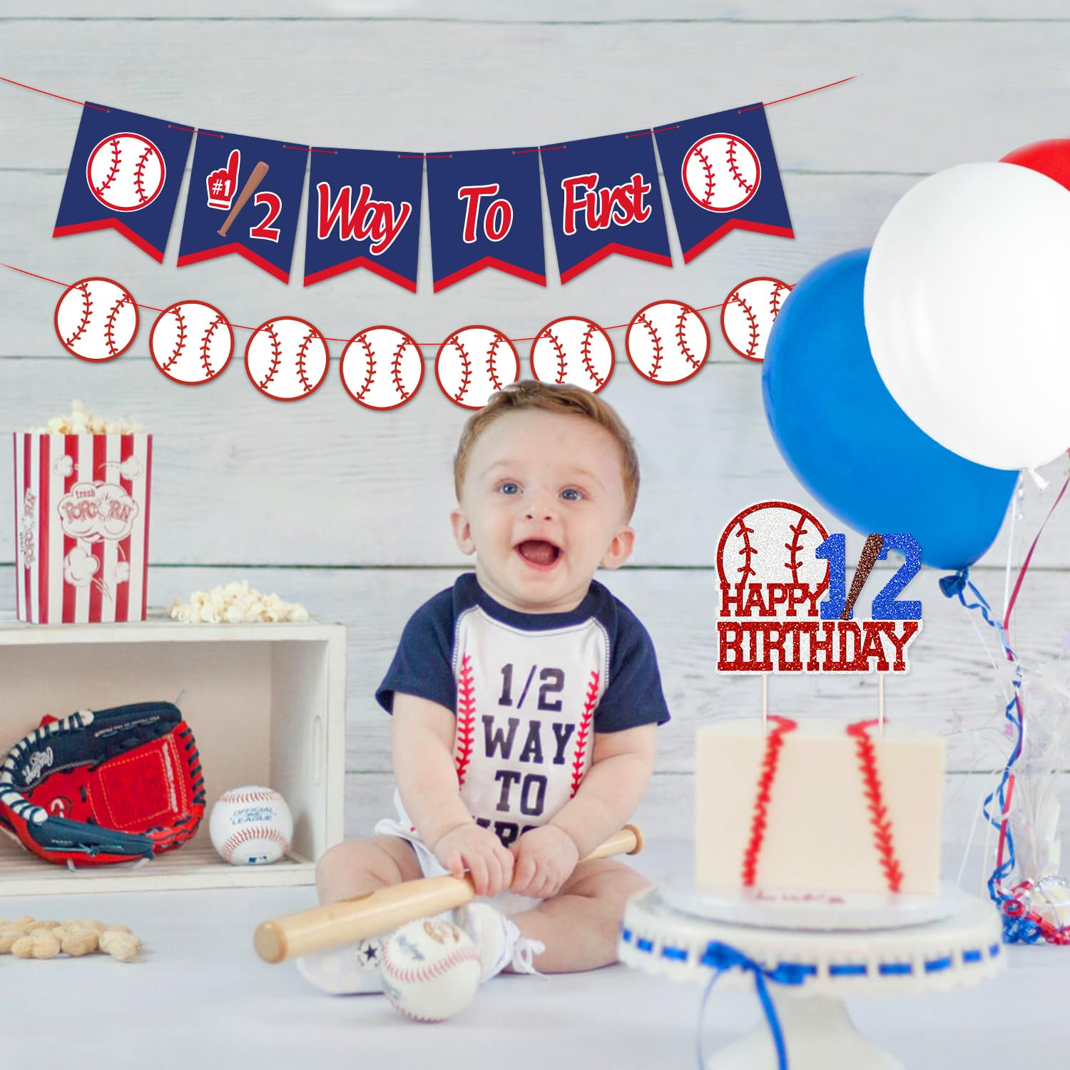 Felt Baseball Banner - Half Way To First Birthday Decor - Adjustable Garland For 1/2 Year Party