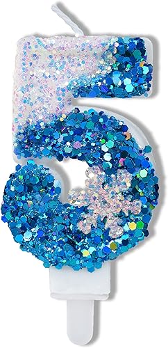 Velas de cumpleaños azules 5, velas de cumpleaños número 5 con purpurina azul y blanca con suministros de fiesta de copo de nieve Velas de cumpleaños azules 5, velas de cumpleaños número 5 con purpurina azul y blanca con suministros de fiesta de copo de nieve