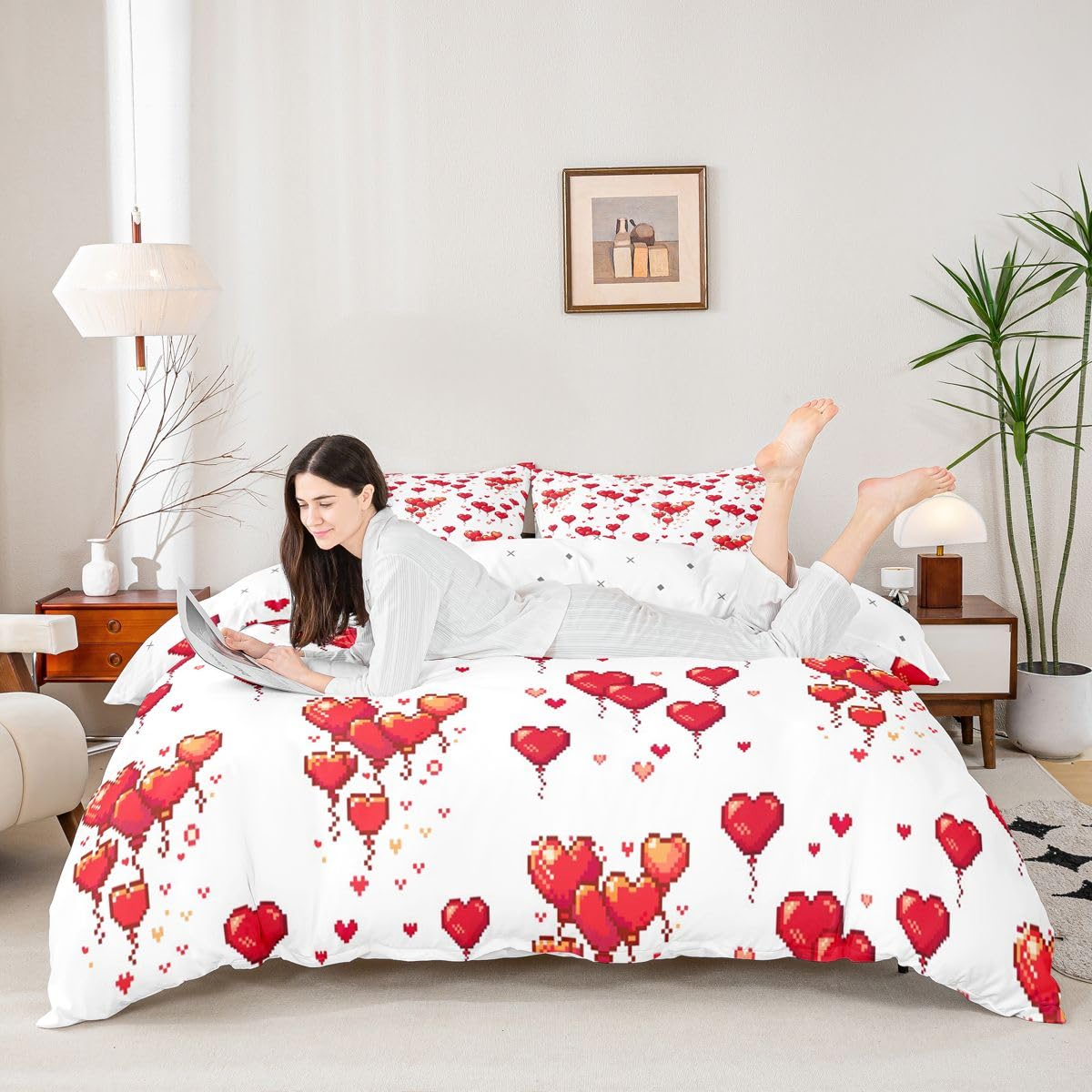 Homewish Pikselowa miłość serce król zestawy pościeli dziewczyna uroczy czerwony balon poszewka na kołdrę retro romantyczne serca poszewka na kołdrę estetyczna grafika zestaw łóżka