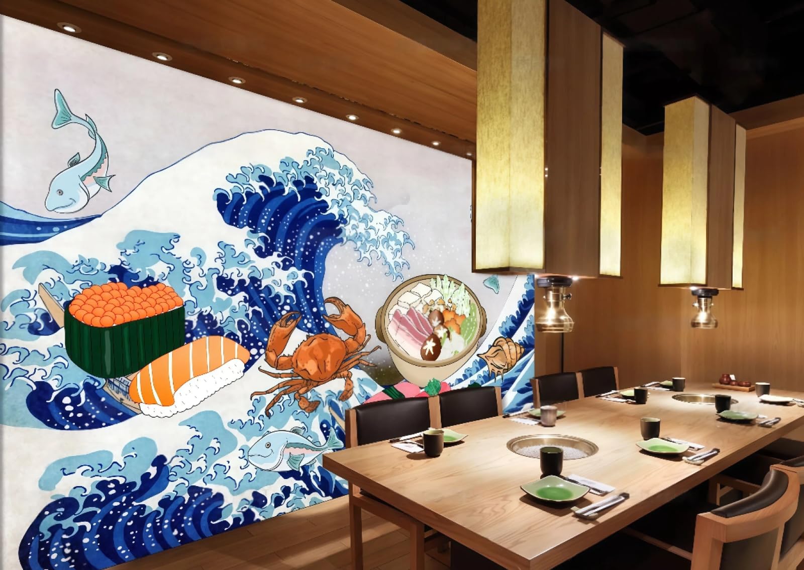 XDOUBAO Wallpaper Hand-Painted Sea Delicious Sushi Cuisine Seafood Catering Theme Afternoon Tea Western Restaurant Background Wall Wallpaper Coffee Shop Mural,3D,300x210cm