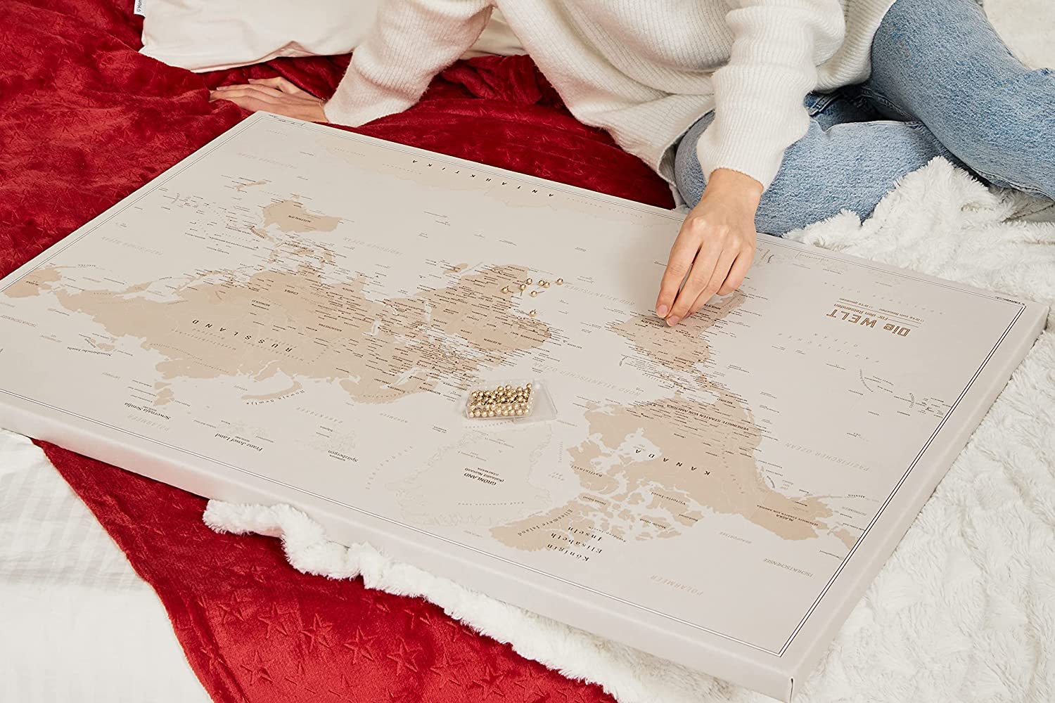 Płócienna mapa świata z korkiem do przypinania celów podróżnych, dekoracja ścienna do każdego pomieszczenia, wysokiej jakości obrazy na płótnie z mapą świata w różnych rozmiarach (150 x 100 cm, wzór 4)