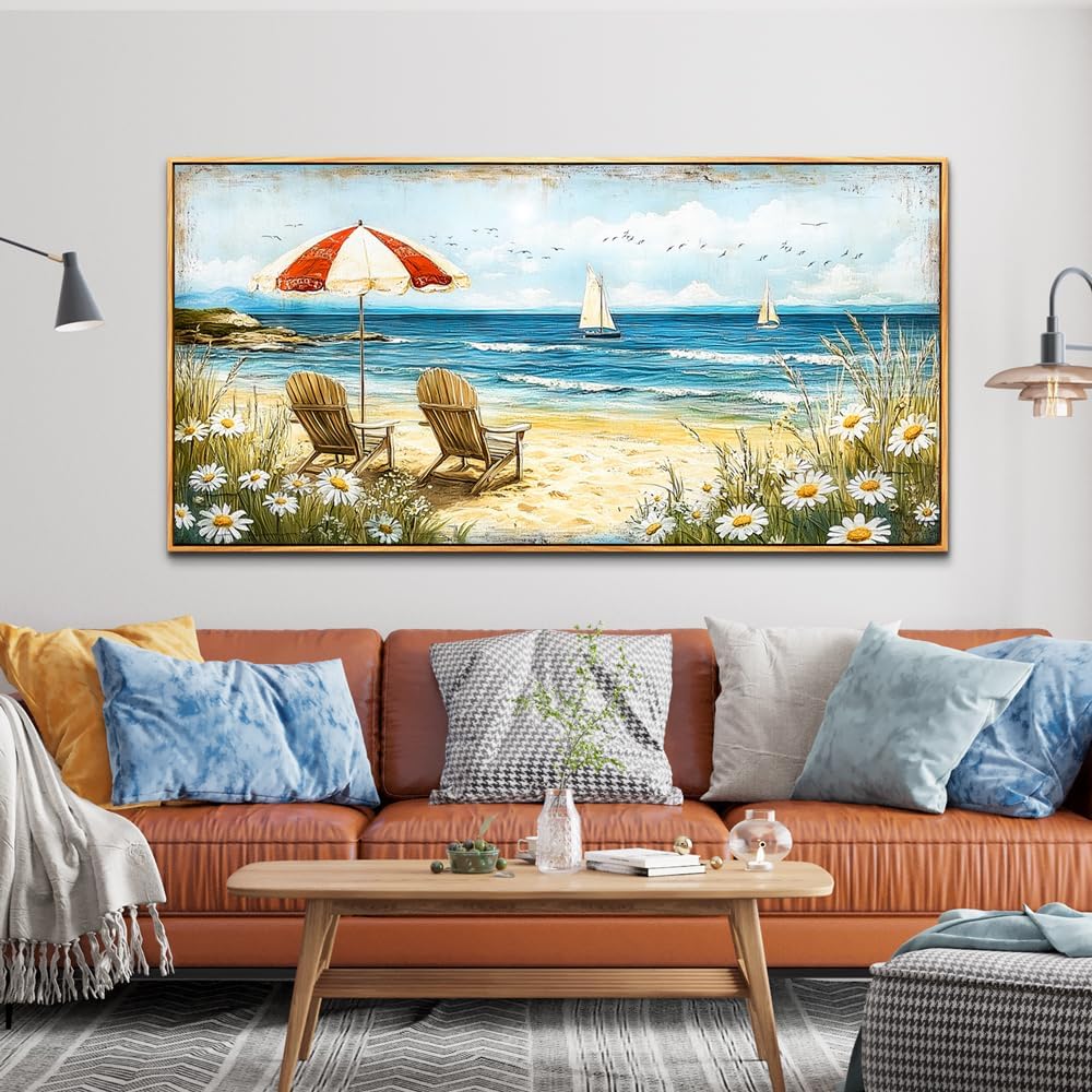 ERQINHUA Large Wall Decor Canvas Painting Wall Art For Living Room Bedroom Home Decoration Blue Seaside Landscape Painting Print For office Dining Room Bathroom Wall Aesthetics Wood Frame 30x60 In