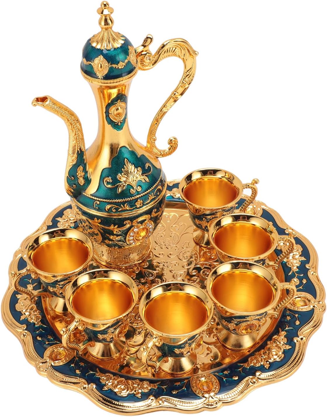 Vintage Coffee Pot Set, European Wine Pot Kit with 6 Cups, Zinc Alloy Teapot Tea Service Set for Wedding Birthday Gift, Elegant Metal Coffee and Wine Serving Tray (Gold Blue)