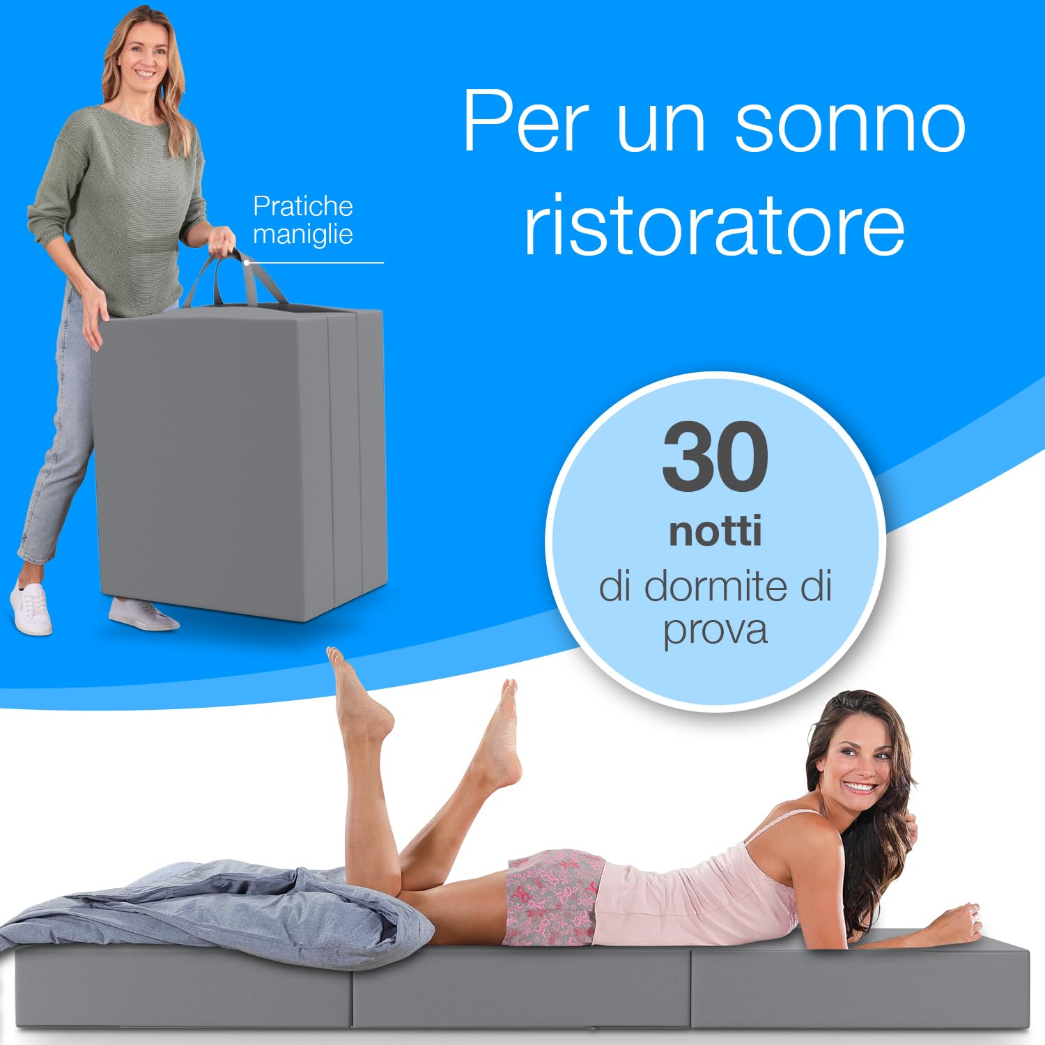 ELONEO materassino pieghevole per ospiti, materasso pieghevole a 3 parti, spugna extra spessa (15cm), lavabile, cubo a disco intervertebrale, adulti (grigio, 75 x 195 x 15 cm)