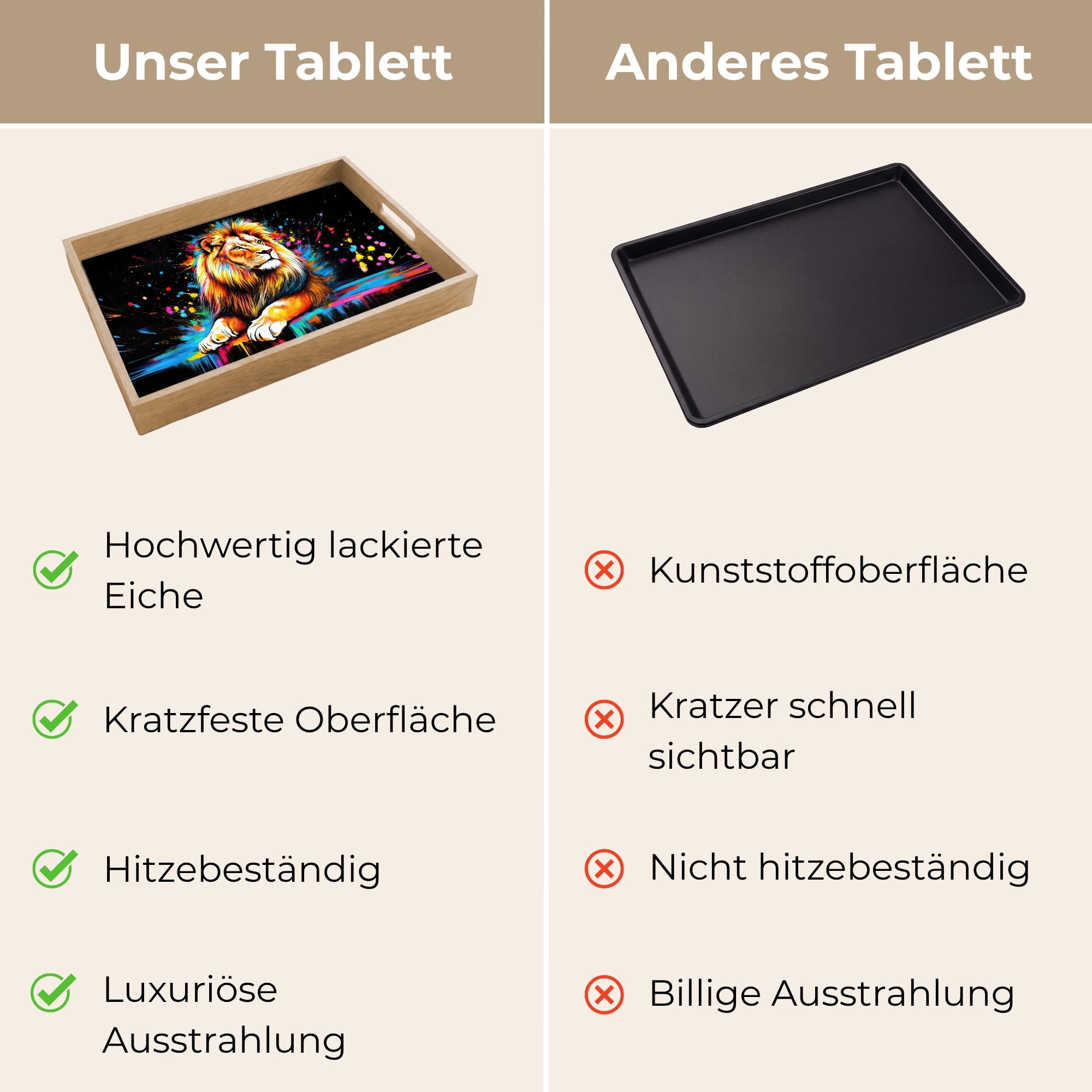 Holztablett Rechteckig 50x35 cm Küchentablett Servier Tablett Eiche Serviertablett Holz Servierplatte Mit Henkel Tray Kaffeetablett Löwe - Bunt - Spritzer