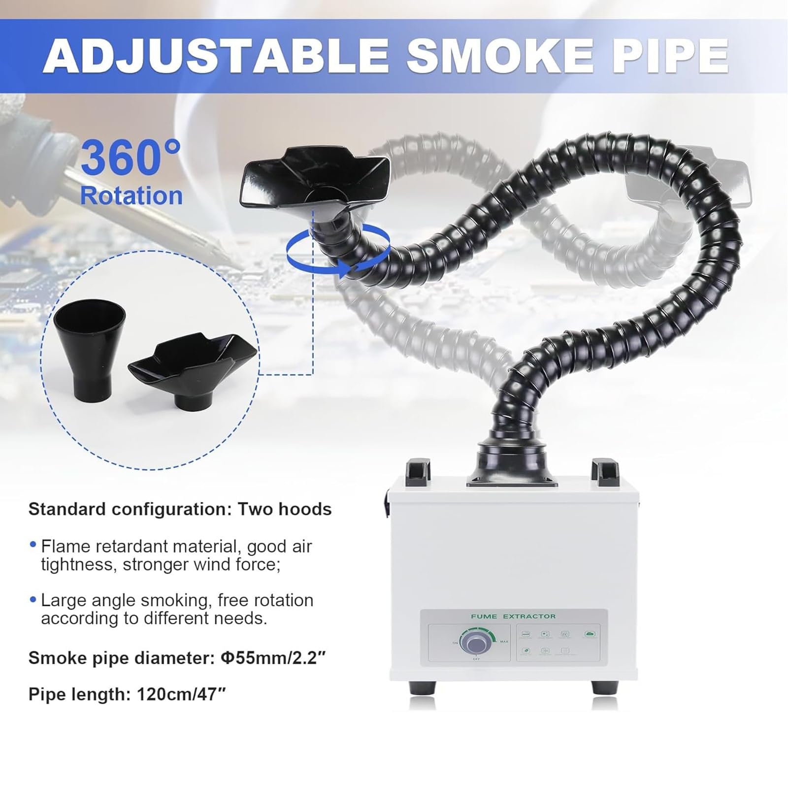 Odsysacz Oparów Lutowniczych 100W, 200m³/h, Cichy, z Obrotem 360° i Regulacją Prędkości, Oczyszczacz Powietrza z 3-Stopniowymi Filtrami do Samodzielnego Spawania, Lutowania na Biurku 220V