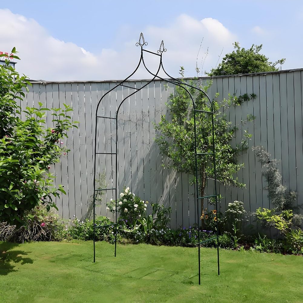 Double Spire Metal Pergola Trellis - Outdoor Garden Arbor Archway for Weddings, Events, Balloon & Wisteria Display, 55" W x 103" H x 15" D, Stylish Black & Green Design, Pe
