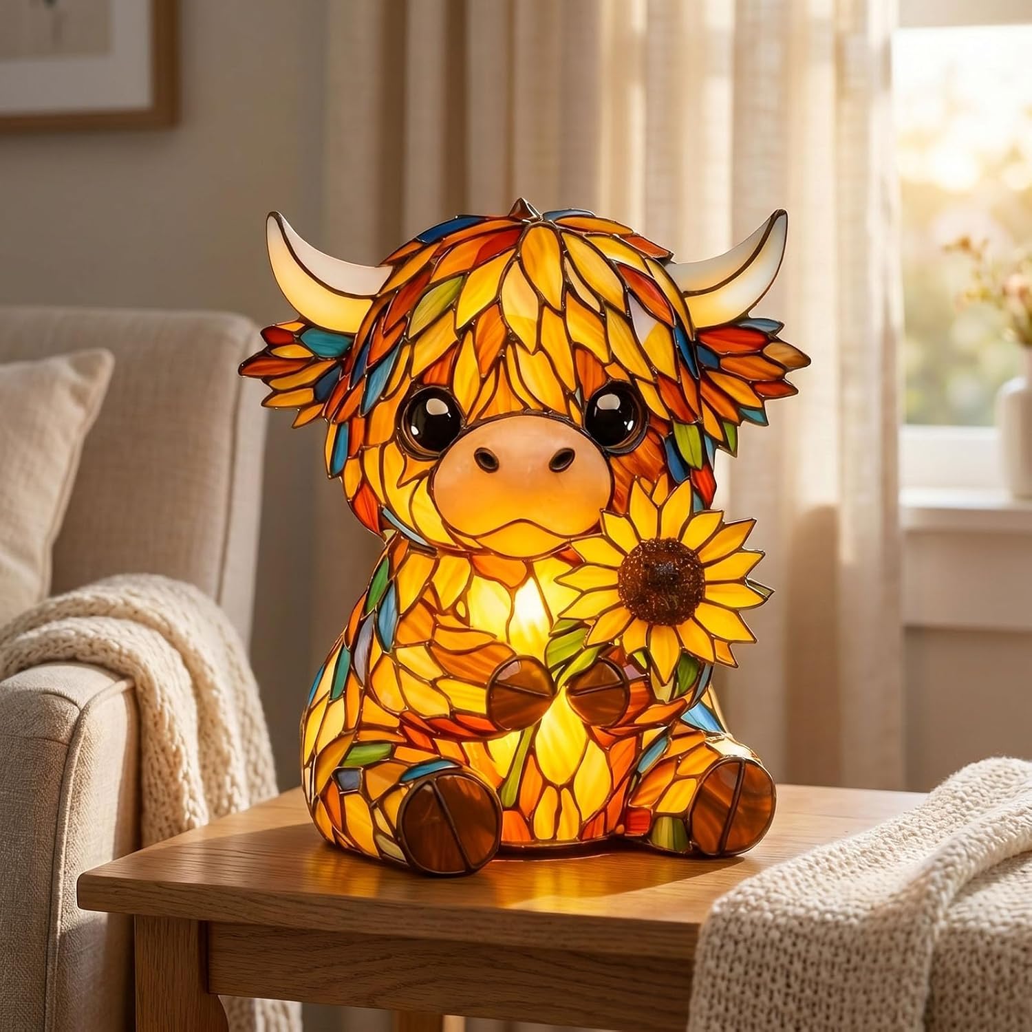Rustic Highland Cow Art Lamp, Handcrafted Sunflower Highland Cow Lamp, USB Stain…