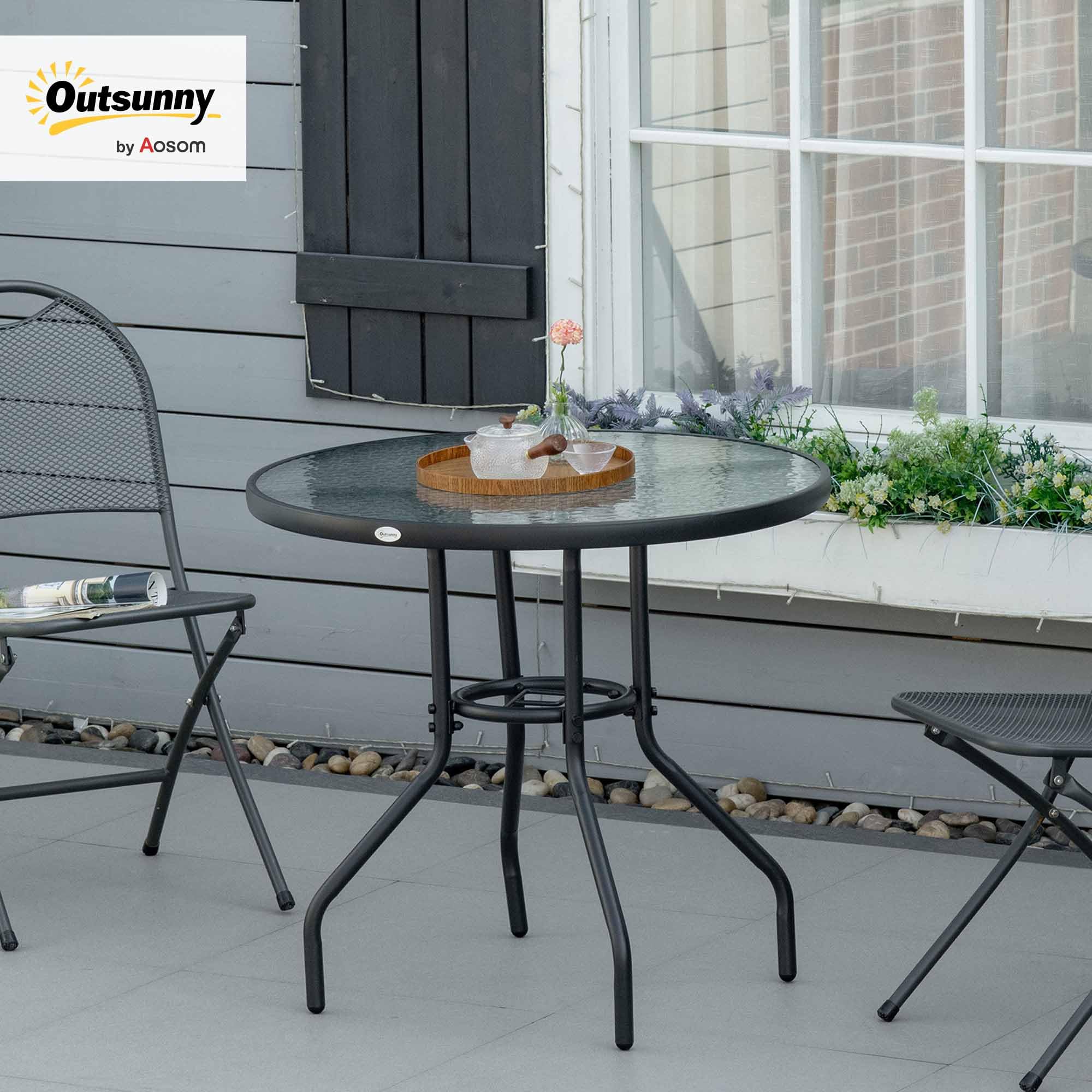 Outsunny Table à Manger de Jardin, avec Trou de Parasol, Table extérieure Ronde avec Plateau en Verre trempé, pour Jardin, Patio, terrasse, Ø 80 x 72 cm, Noir