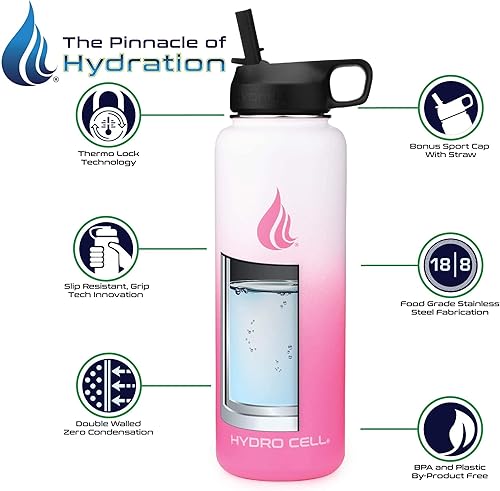 Miniatura 6 de HYDRO CELL Botella de agua de acero inoxidable con sorbete y tapa ancha de boca (blanco/rosa, 40 onzas con funda inferior de silicona protectora,