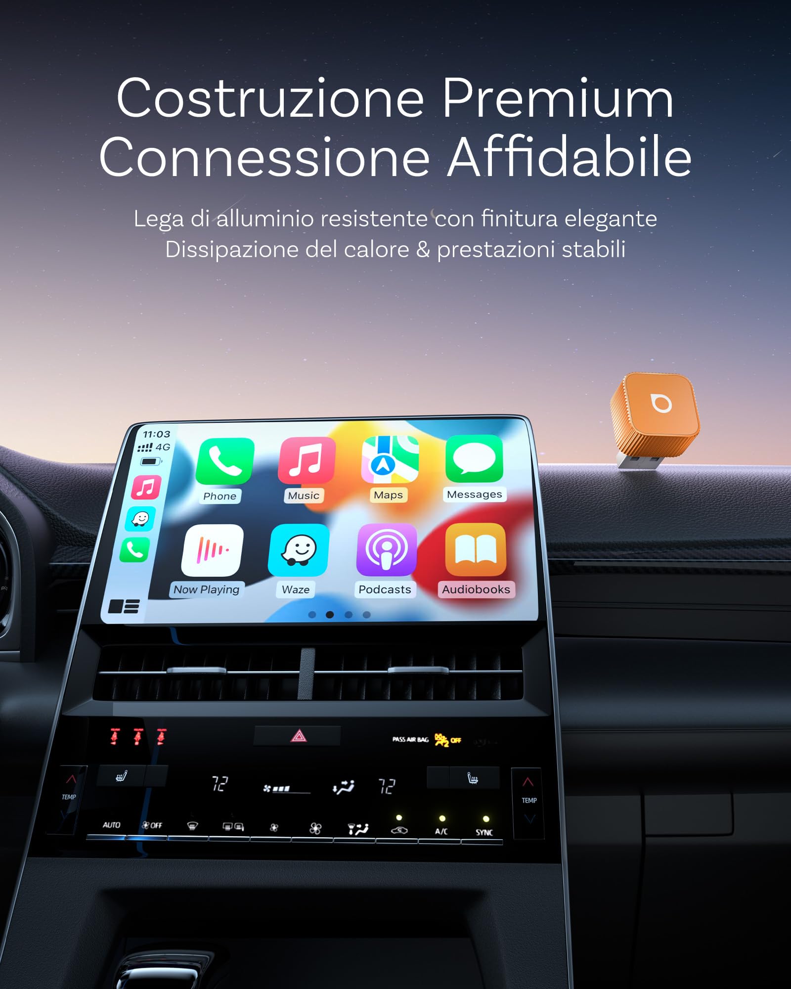 OTTOCAST MINI 3.0 Slim 2026 Adattatore CarPlay Wireless, 2-in-1 per iPhone & Android Auto, Converte CarPlay e Android Auto cablati in modalità senza fili, MINI Cube arancione