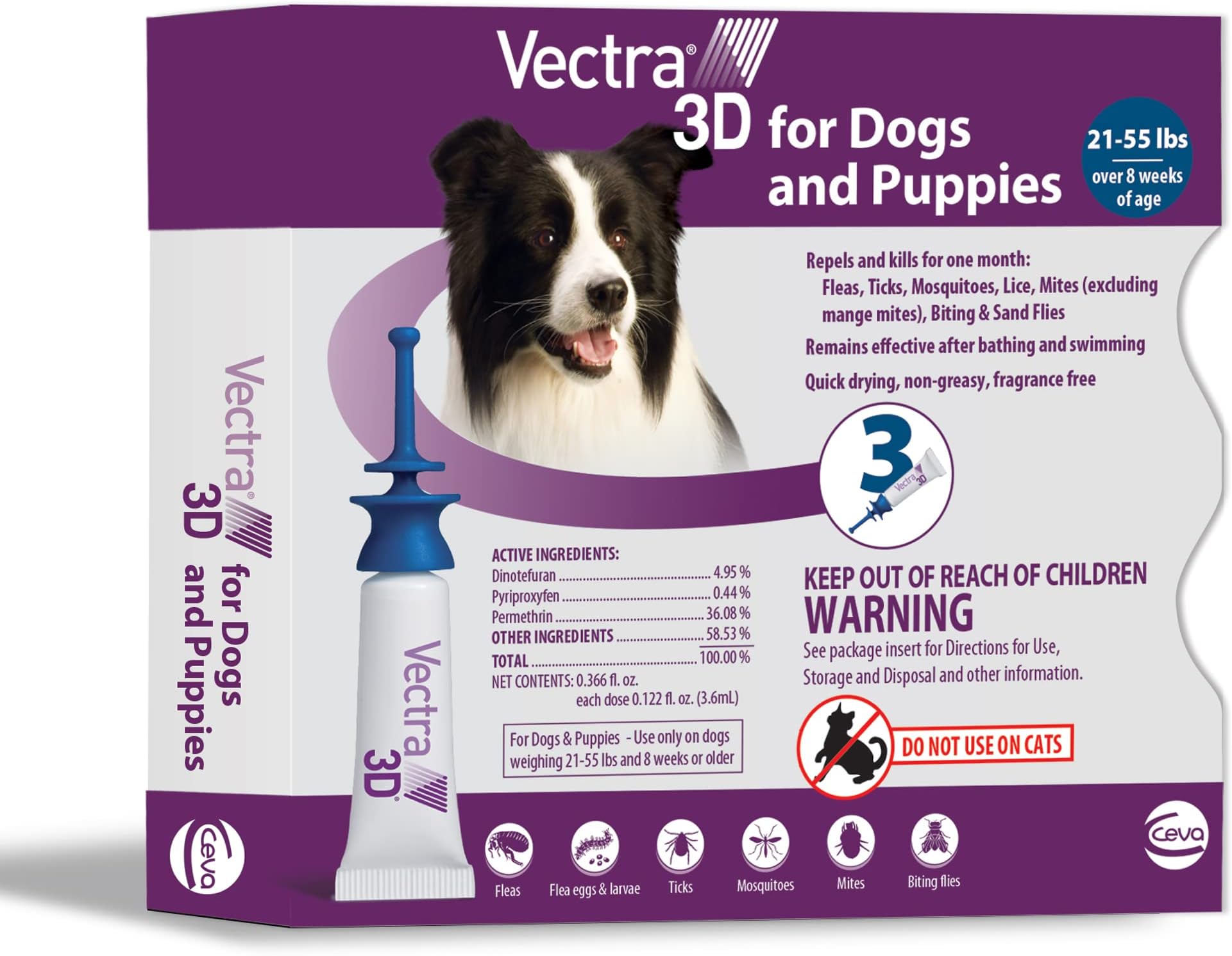 Ceva Vectra 3D Blue For Medium Dogs 21 - 55 lbs 3 Doses. Kills Fleas, Ticks and Mosquitos