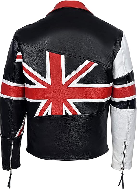 Mens Brando Style British Flag Vintage Cafe Racer Union Jack UK Flag Motorcycle Biker Black Leather Jacket