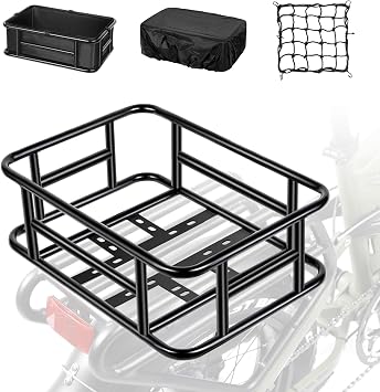 PIREKZUNT Bike Basket, Ebike Rear Basket with Liner,Waterproof Cover,Cargo Net Large Rear Removable Metal Bike Basket, Heavy Duty E Bike Rear Basket