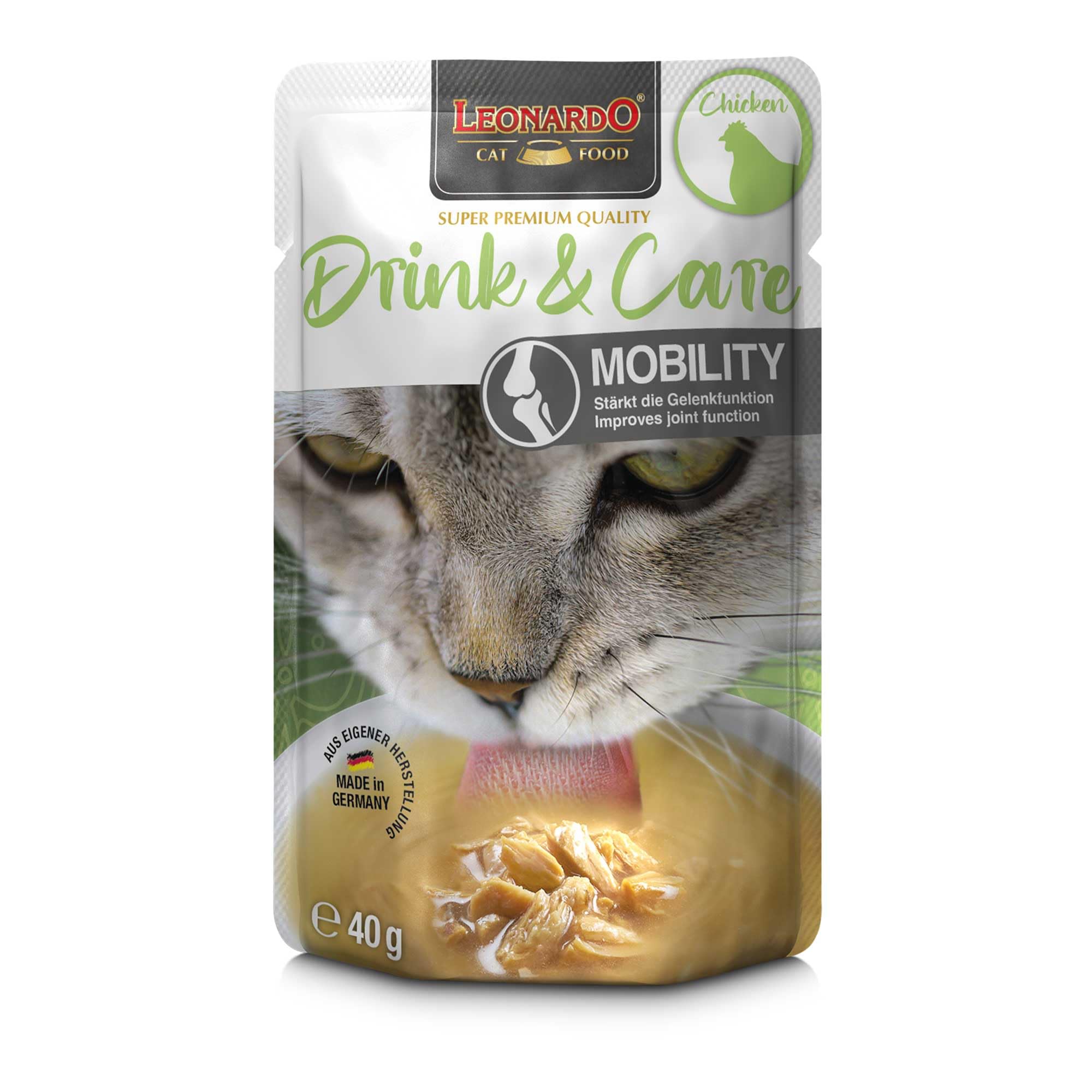 Leonardo Drink & Care Mobility Chicken | 20 x 40 g | Ergänzungsfuttermittel für ausgewachsene Katzen | Zur Unterstützung der Flüssigkeitsaufnahme und der Gelenkfunktion