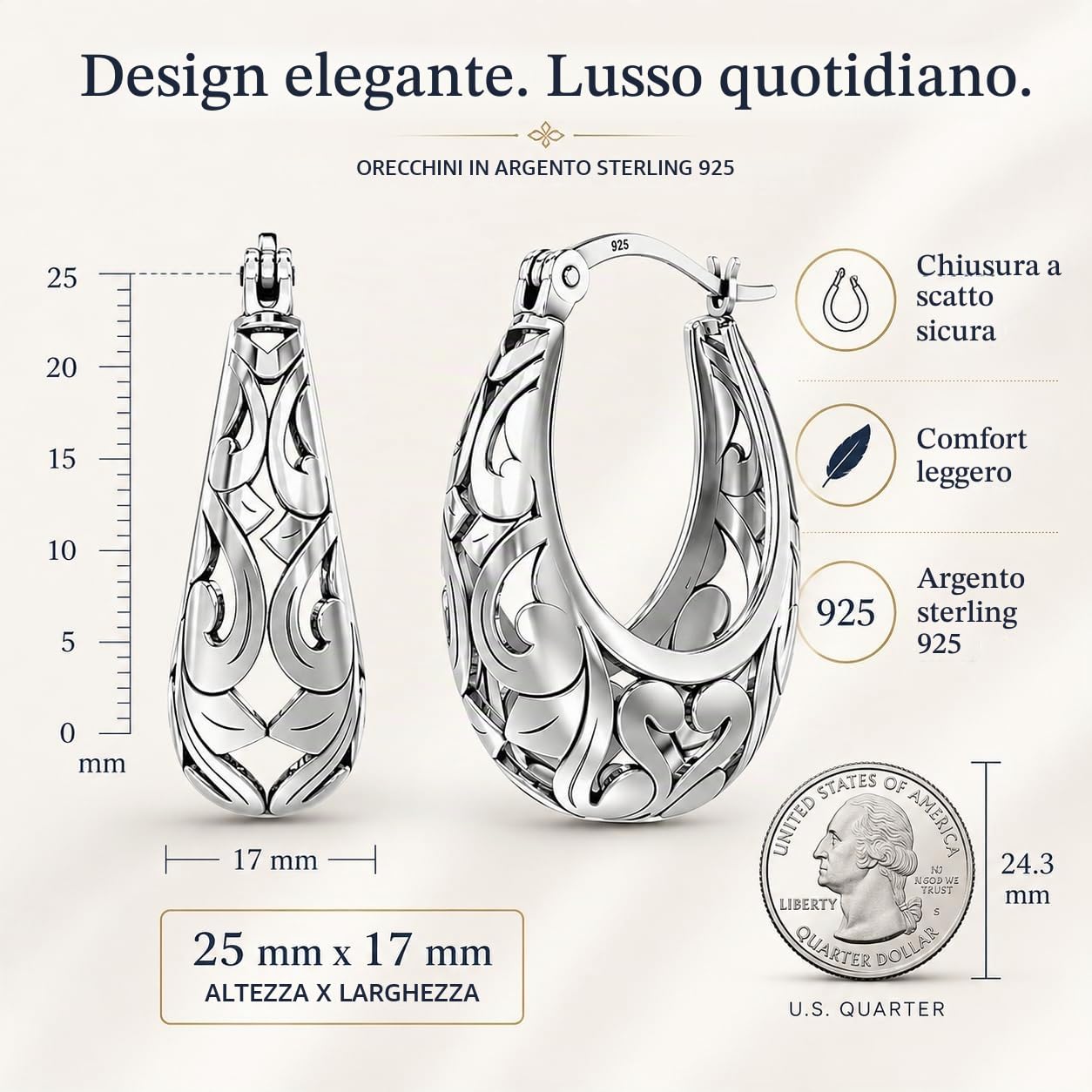 LeCalla Orecchini a cerchio in argento 925 | Orecchini a cerchio in filigrana di ispirazione italiana | Orecchini a cerchio in filigrana antichi per donna