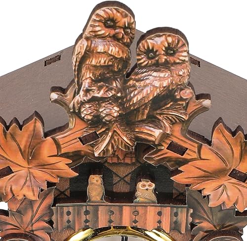 Miniatura 8 de HOMSFOU Reloj de pared con péndulo de madera con diseño de búho, reloj de timbre vintage, funciona con pilas, reloj colgante con alarma cronometrada