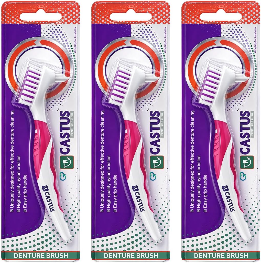 - Denture Brush | Specially Designed To Clean Dentures | Easy Grip Handle | Nylon Bristles - Manual, Adult, White Pack Of 3