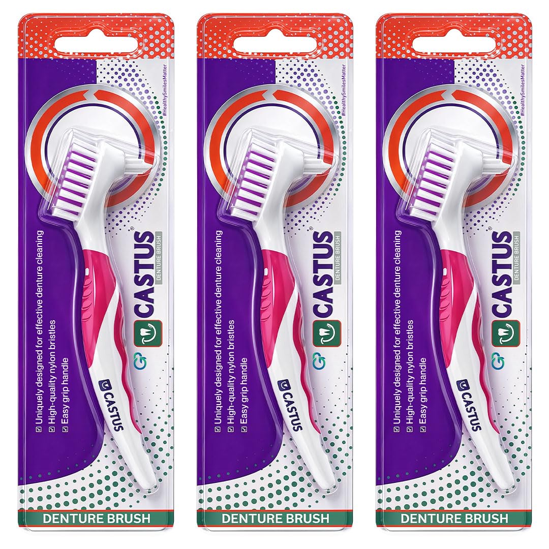 CASTUS Denture Brush | Specially Designed To Clean Dentures | Easy Grip Handle | Nylon Bristles - Manual, Adult, White Pack Of 3