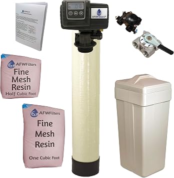 AFWFilters 1.5 Cubic Foot 48k Whole Home Iron Pro Water Softener with Fine Mesh Resin, 3/4" Stainless Steel FNPT Connection, and Almond Tanks