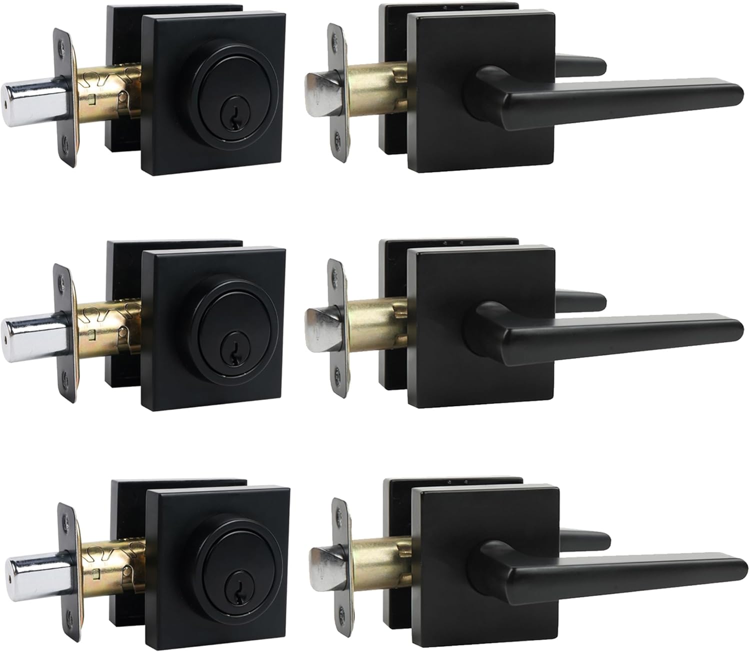 Deadbolt Lock and Door Knob Set, Exterior Door Lock Set with Deadbolt, Square Door Knobs Exterior and Deadbolt Set, Heavy Duty Entry Door Lever with Single Cylinder Deadbolt, (Matte Black 4Pack)
