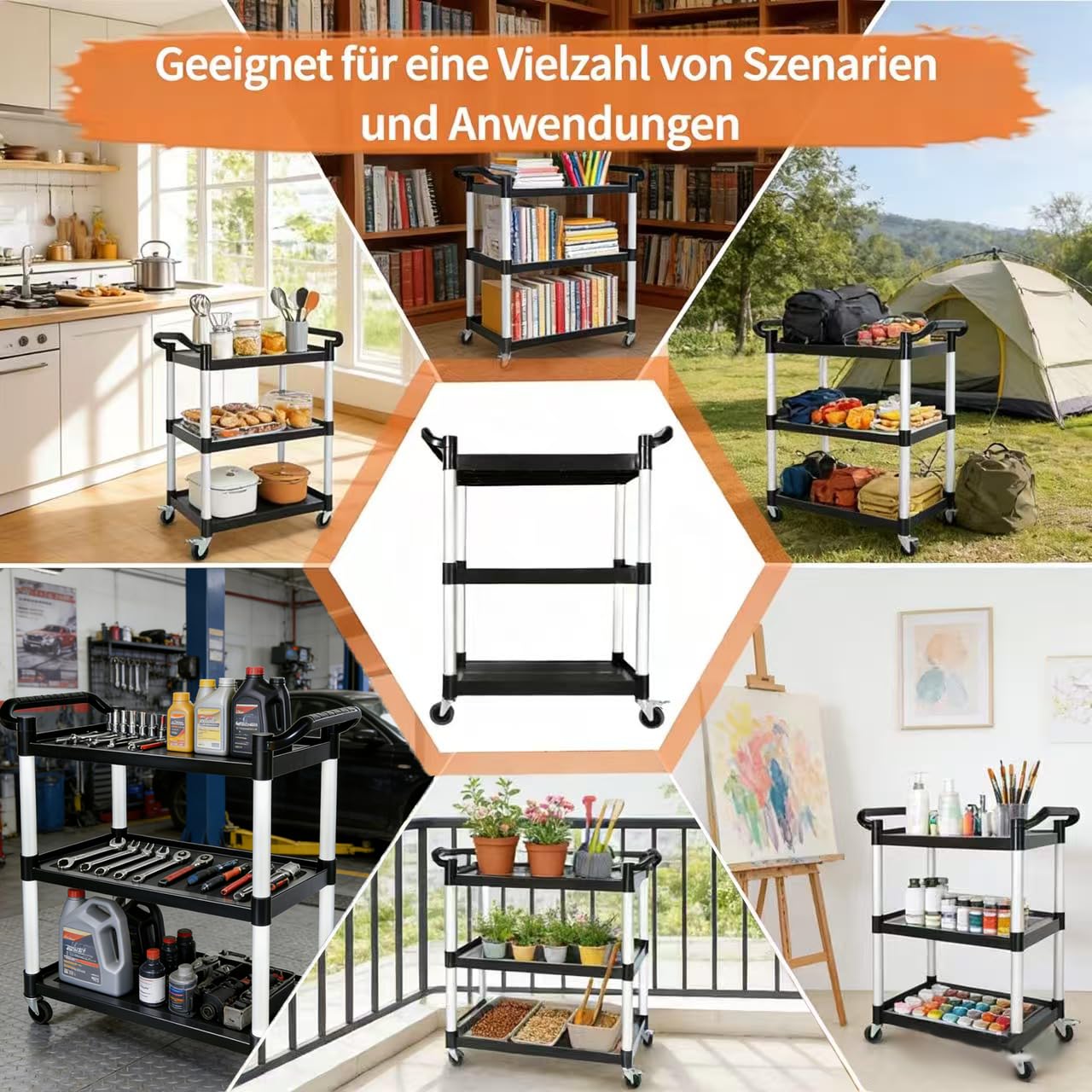 Kapler Universalwagen: Rollwagen mit 3 Ebenen, Leicht und Stabil, Schwarz-Weiß, Mit Handgriffen für Küche, Büro und Heimlagerung, Vielseitig und Praktisch