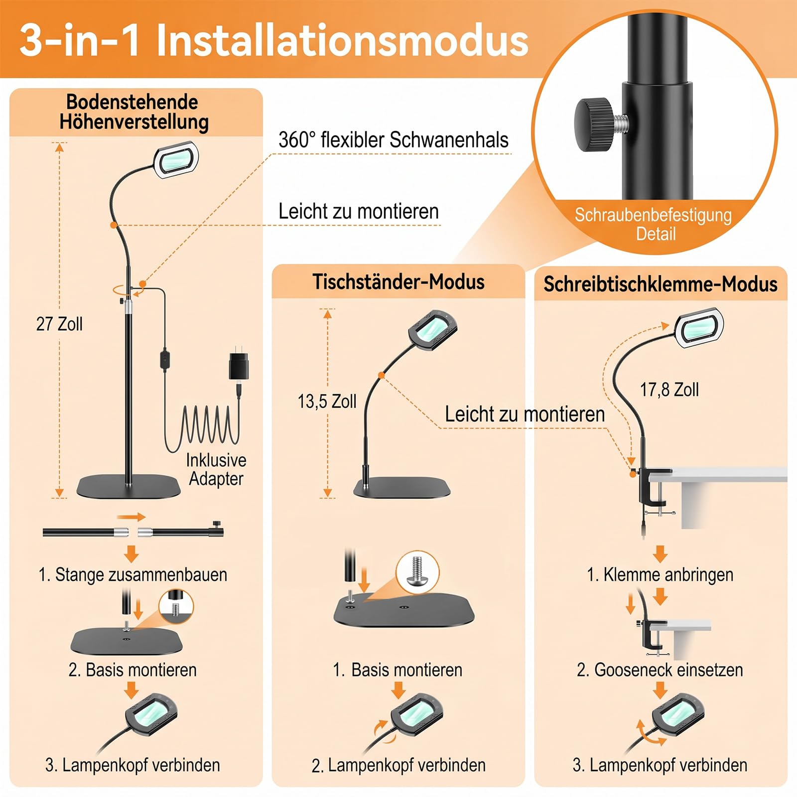 10X Lupenleuchte mit Licht und Standfuß - LED Schwanenhals Standlupe Klemme | 3 in 1 Lupenlampe 5 Farbmodi Stufenlos Dimmbar,142cm Höhenverstellbare Schreibtischlampe mit Lupe für Senioren Lesen Handwerk