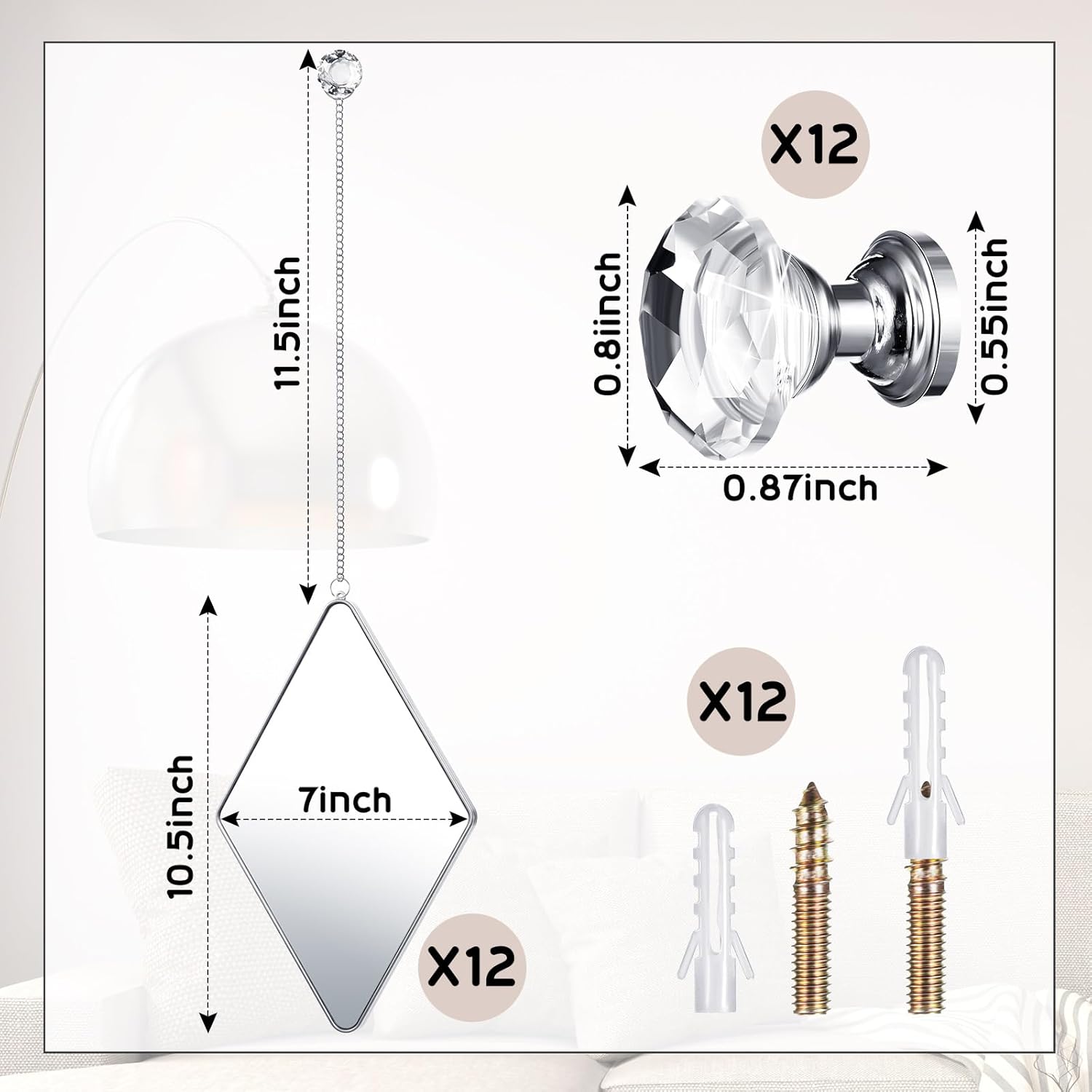 Qunclay 12 Pcs Diamond Wall Mirror Decorative Set Hanging Mirrors with Chain Frame Diamond Decorative for Wall Decor Living Room Entryway Bedroom Farmhouse Home Decor(Silver)