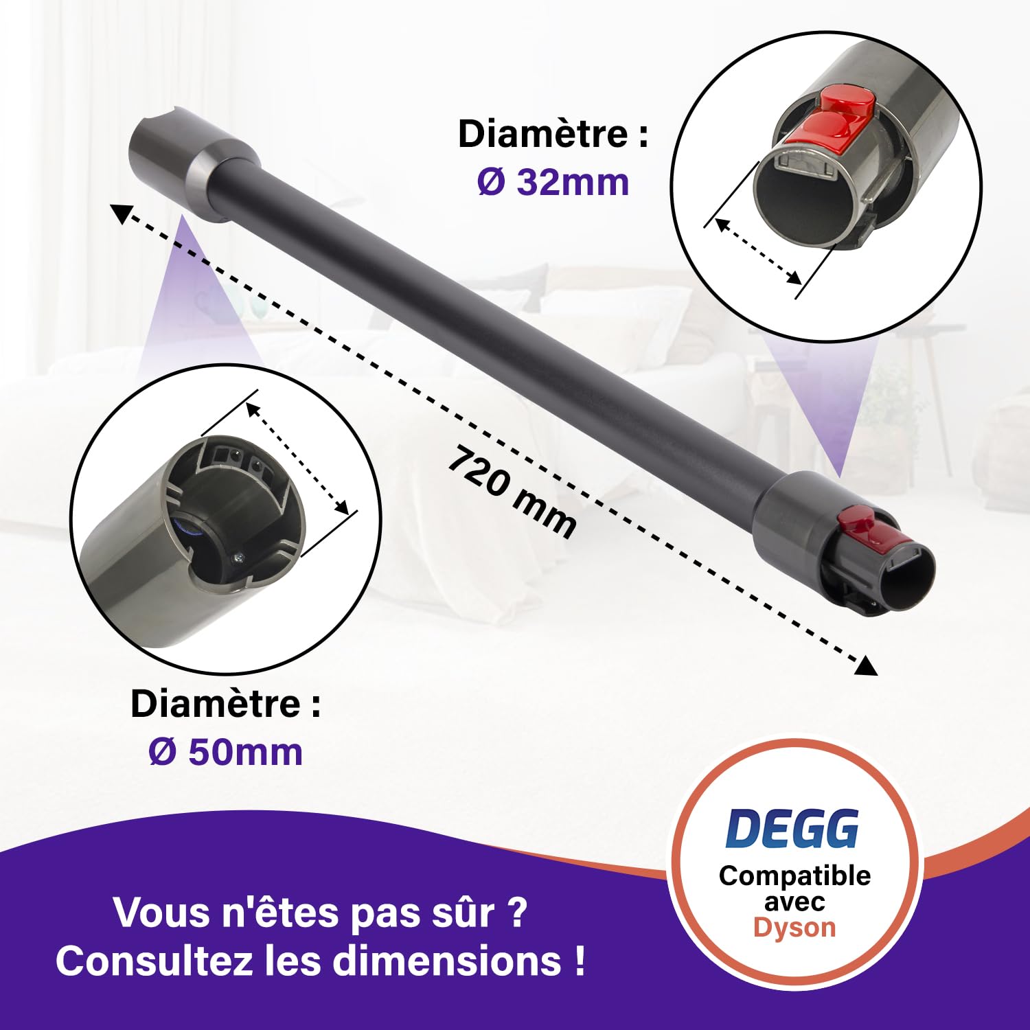 DEGG Tube télescopique - Compatible avec aspirateurs Dyson V7, V8, V10, V11 et V15, Tube d’extension 32mm, Tube d’aspiration Pièces de rechange, Accessoires d’aspirateur - Couleur: Gris Foncé