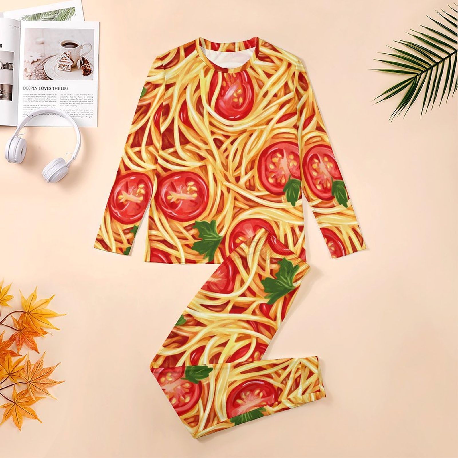 Spaghetti Pasta Noodles Salsa T-omato Morbido Pigiama da Uomo Set Elastico in Vita Indumenti Da Notte Girocollo Manica Lunga Loungewear