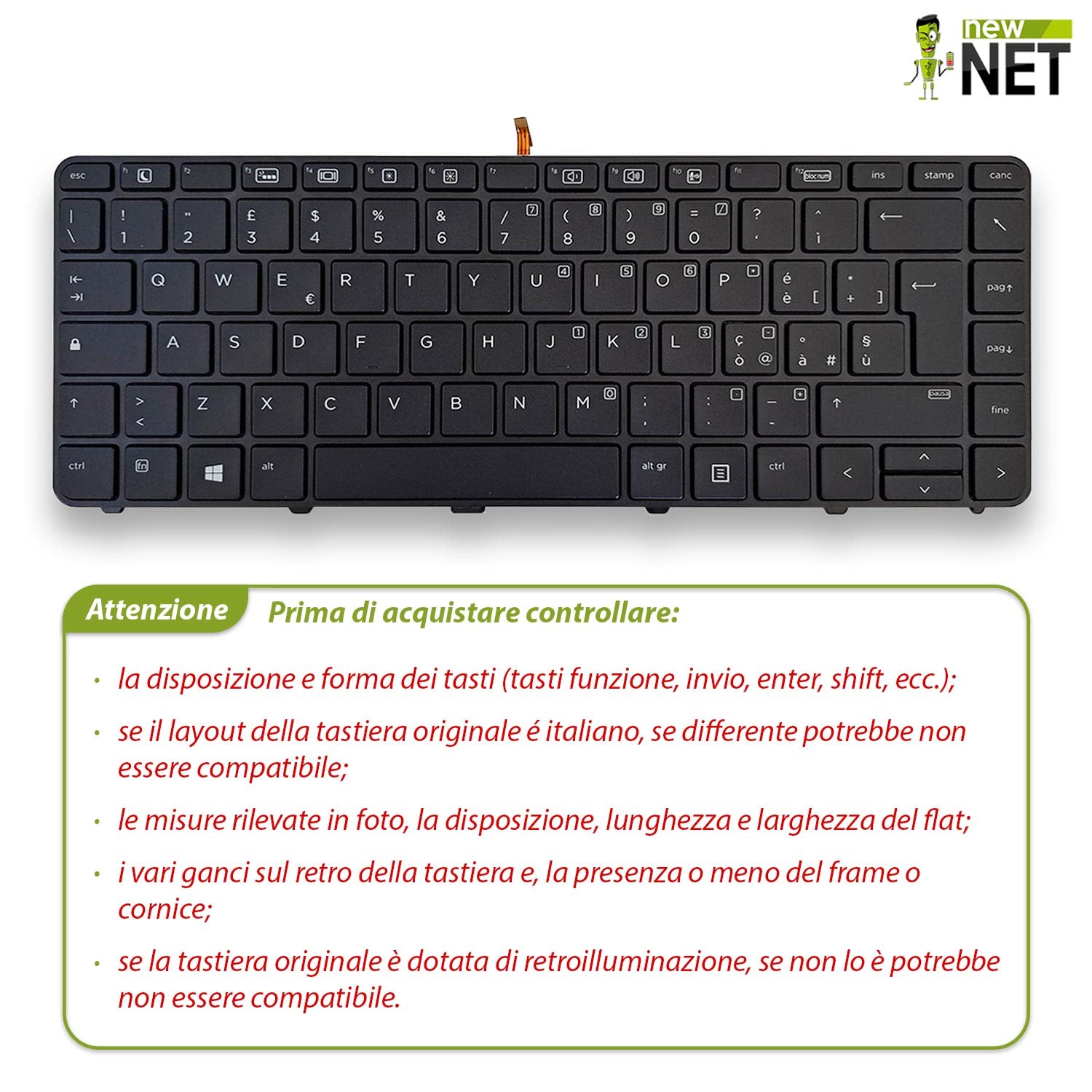 new net - Tastiera Compatibile con Notebook HP ProBook 11 G1 430 G3 430 G4 440 G3 440 G4 640 G2 640 G3 645 G2 645 G3 [Frame Nero - Retroilluminata - Layout ITA]