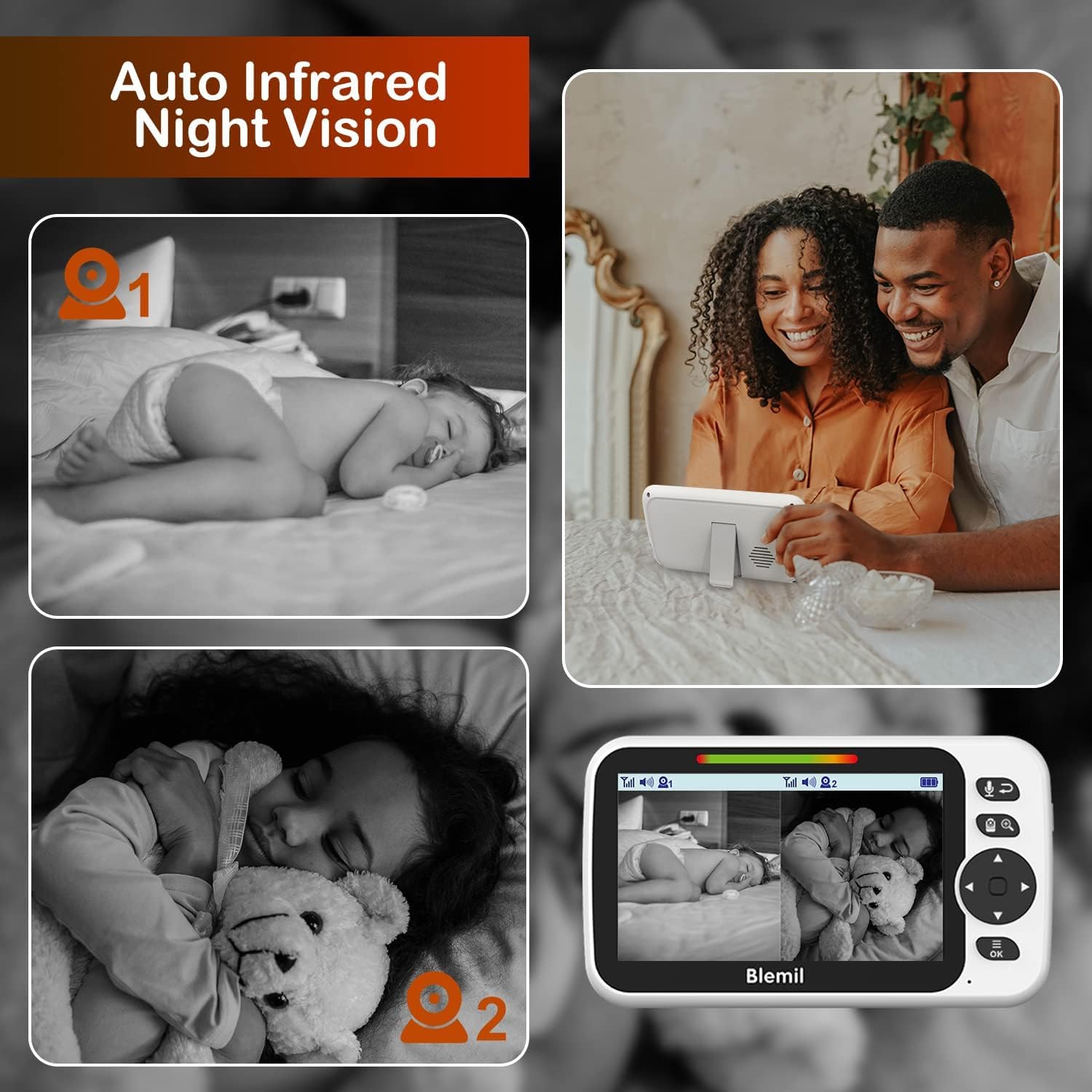 Blemil Babyphone mit 2 Kameras und Audio 30 Stunden wiederaufladbare Batterie, 5" großer geteilter Bildschirm, ferngesteuerte Schwenk-/Neige-/Zoom-Kamera, Zwei-Wege-Gespräch, Nachtsicht, kein WiFi