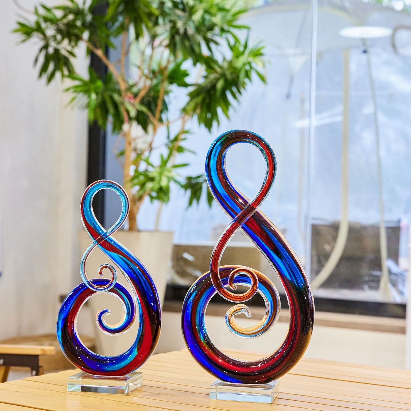 Luxury Lane Hand Blown Treble Sommerso Art Glass Sculpture for Home Decor Red Blue 14 inch Tall Centerpiece Table Decoration