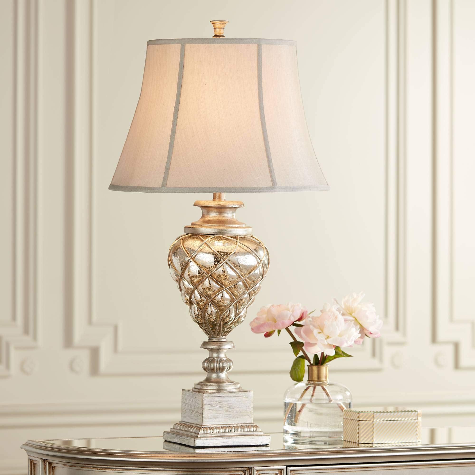 Luke Traditional Table Lamp with Nightlight LED 33.75" Tall Mercury Glass Off White Mist Fabric Bell Shade Decor for Living Room Bedroom House Bedside Nightstand Home Office