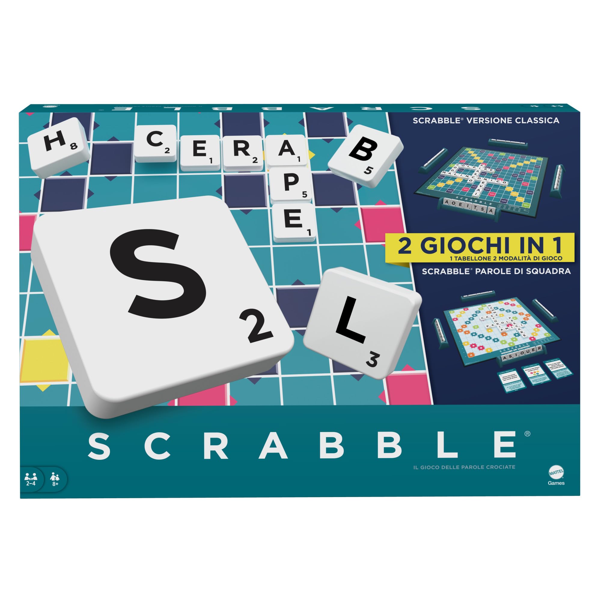 Mattel Games Scrabble - Il gioco da tavolo delle parole, nuova versione con doppio tabellone e modalità Parole di Squadra, include 50 Obiettivi, edizione italiana, 8+ anni, HXW03