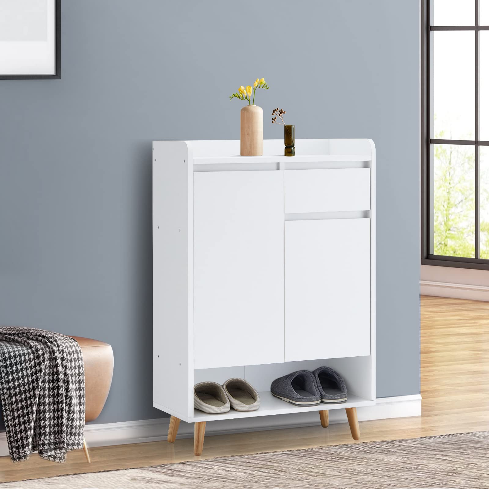 LEMROE Scarpiera in legno con 2 ante, organizer portascarpe a 5 livelli con 1 cassetto e 5 ripiani, scarpiera per corridoio, bianco, larghezza 60 cm