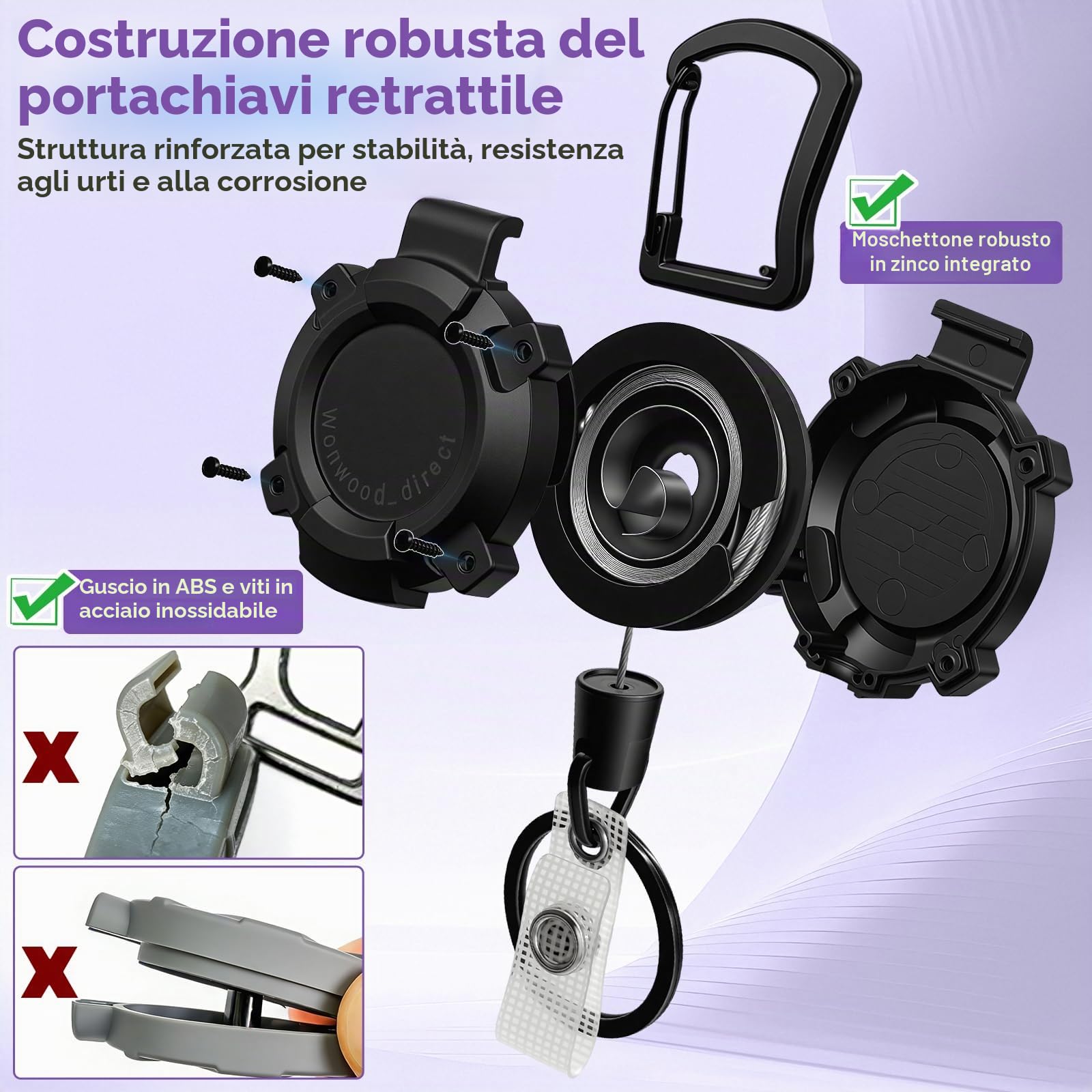 Porta badge retrattile 2 pezzi portachiavi allungabile filo acciaio 80 cm per campeggio escursionismo