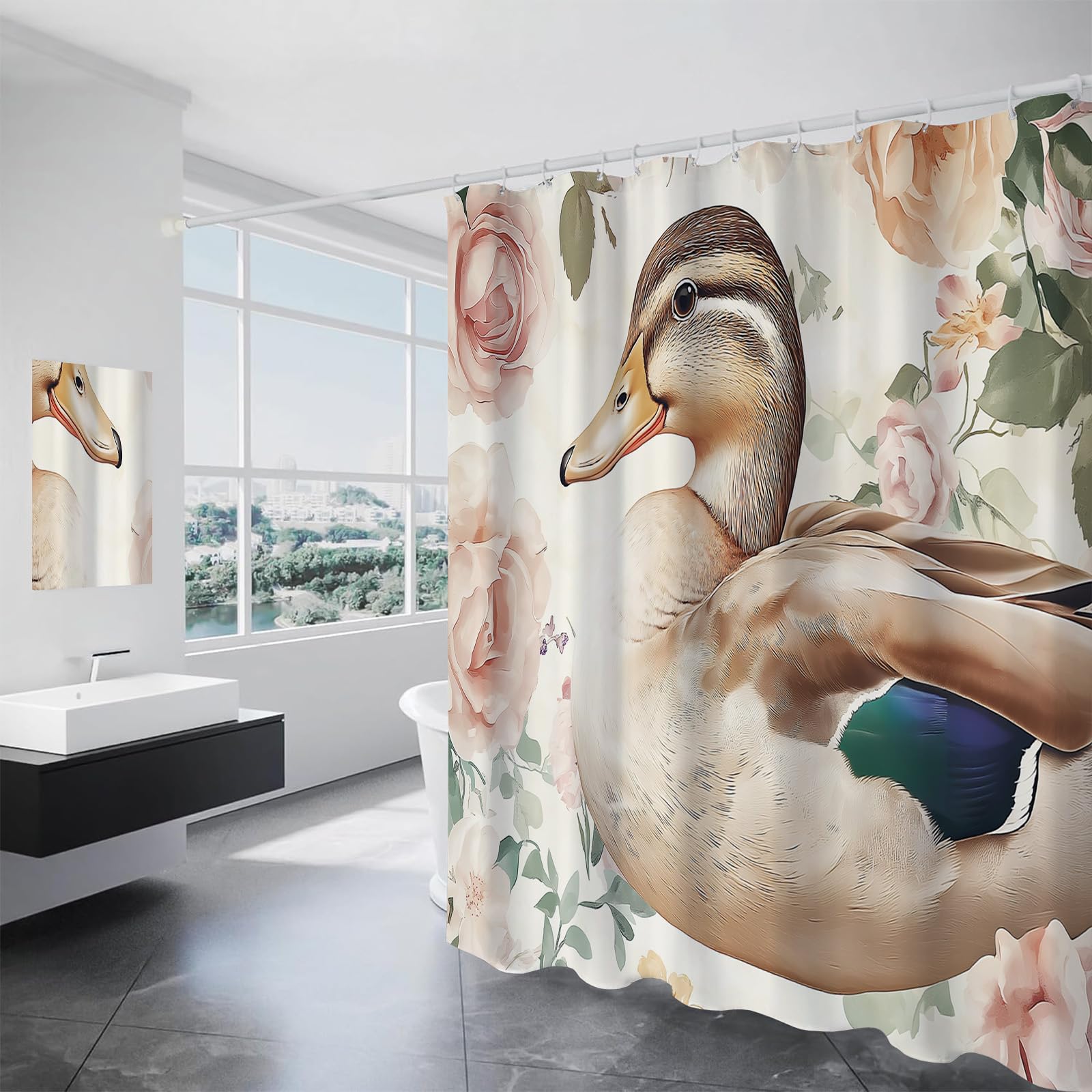 Rideau de douche anti-moisissure 180x180 cm en tissu lavable aquarelle canard