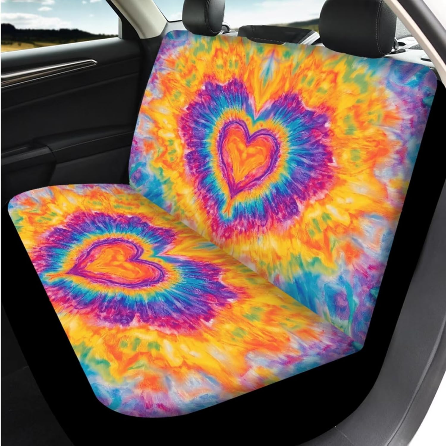 Horeset Colorful Tie-Dye Car Seat Covers Full Set 14 Pack Car Steering Wheel Cover Head Rest Protector Armrest Cover Seat Belt Covers Key Ring and Cup Coaster Universal Fit for Cars SUV