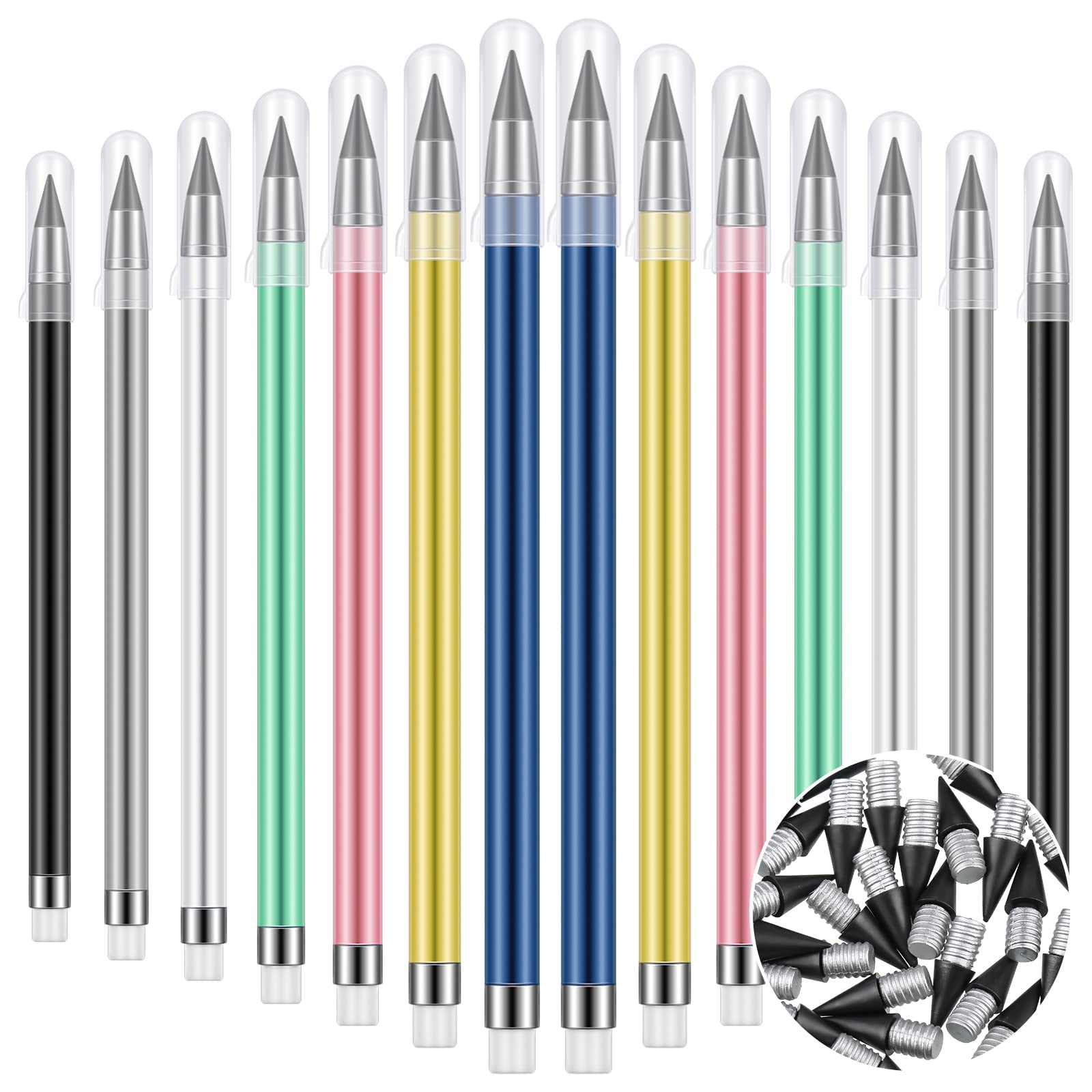 Excefore Inkless Pencil, 21 Pcs Reusable Everlasting Pencil with Eraser, Colorful Pencils Forever Pencil Set with 30 Pcs Replaceable Graphite Nib for Home School Office Writing Drawing