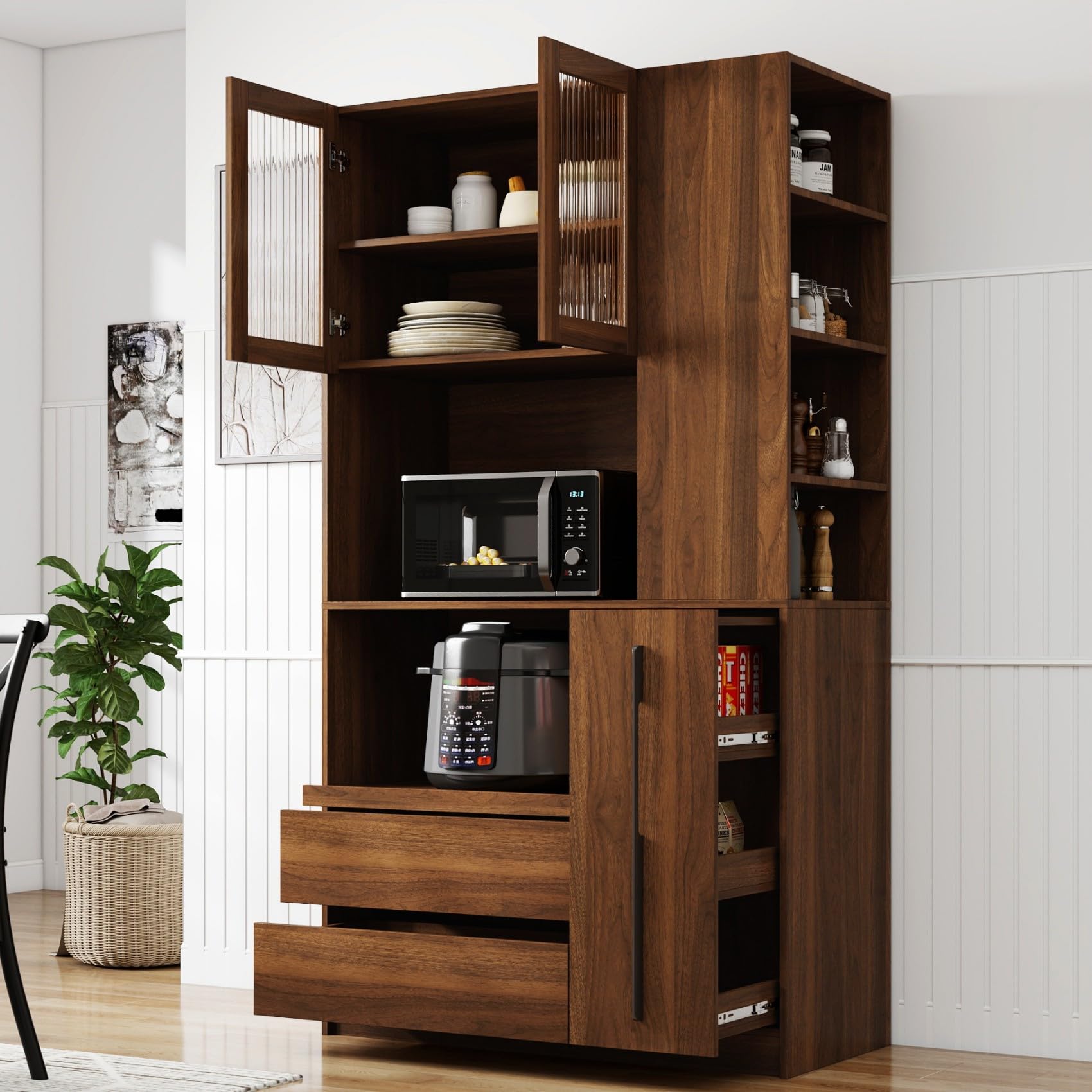 Photo 1 of ***UPDATED 6/7*** KEIKI 70.87" Tall Kitchen Pantry Storage Cabinet with Multi-Functional Pull-Out Shelf, Side Shelves, 2 Drawers, Glass Doors & Microwave Stand, Wood Hutch Food Pantries Cupboard for Dining Room