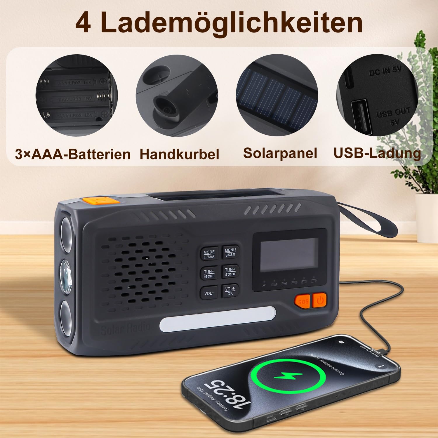 Radio de emergencia, radio de manivela, radio solar portátil FM/DAB+/DAB con batería externa de 4000 mAh, cargador de teléfono, carga USB, manivela, alarma SOS, linterna de 3 modos, para