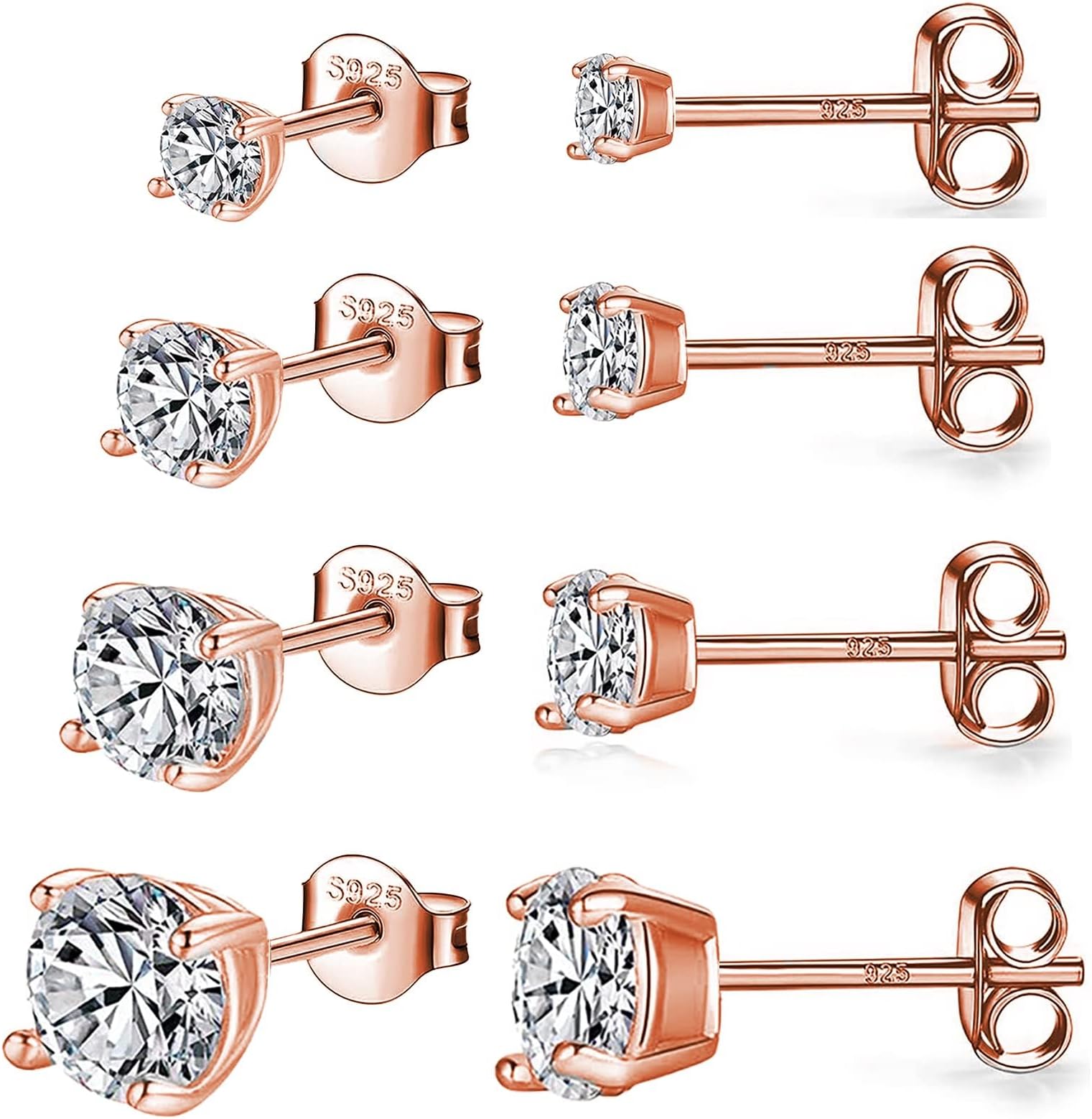 925 Sterling Silver Stud earrings Set | White Gold Plated Hypoallergenic Stud Earrings | Cubic Zirconia Stud Earrings for Women (2mm,3mm,4mm,5mm,6mm,7mm) 8 CZ colors options