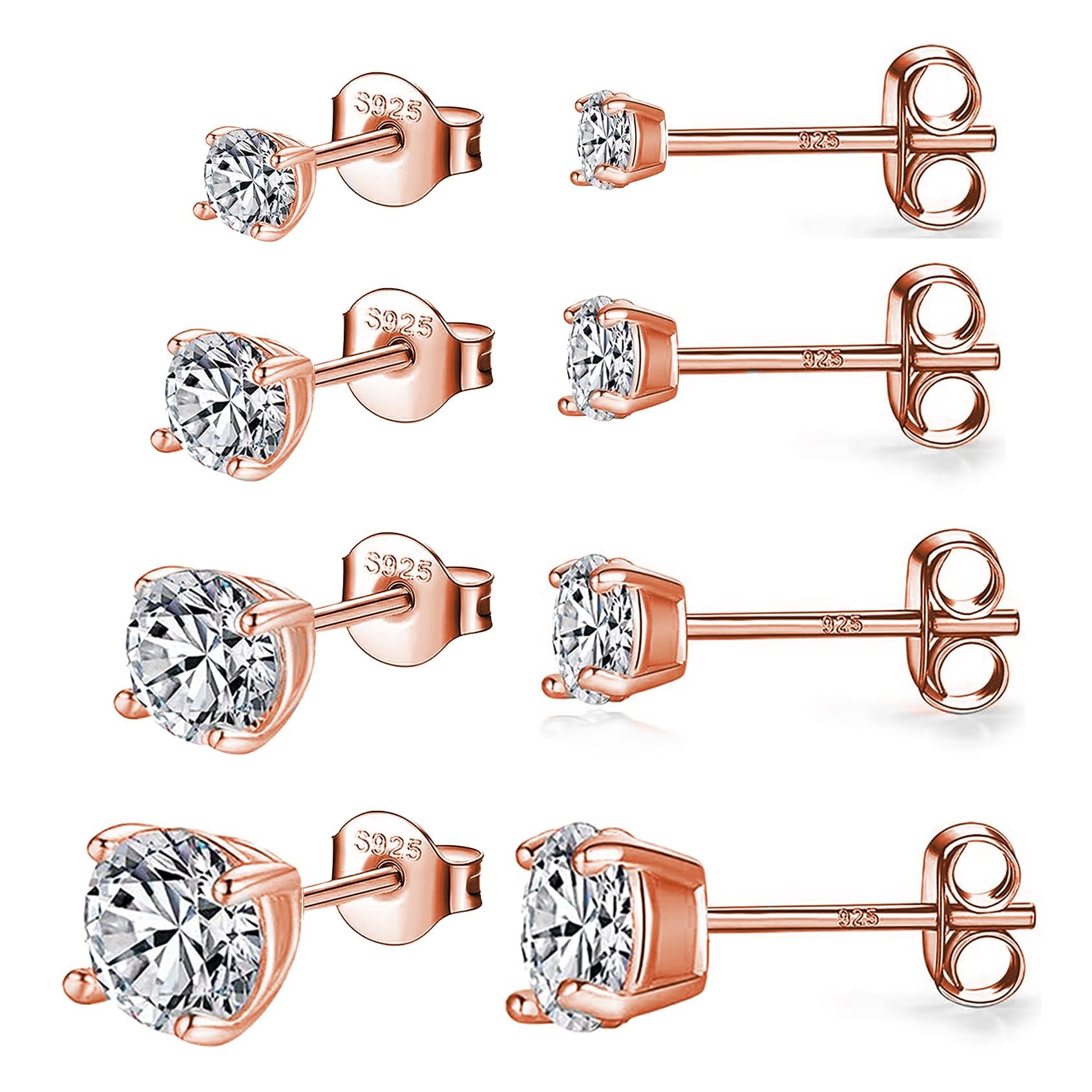 925 Sterling Silver Stud earrings Set | White Gold Plated Hypoallergenic Stud Earrings | Cubic Zirconia Stud Earrings for Women (2mm,3mm,4mm,5mm,6mm,7mm) 8 CZ colors options